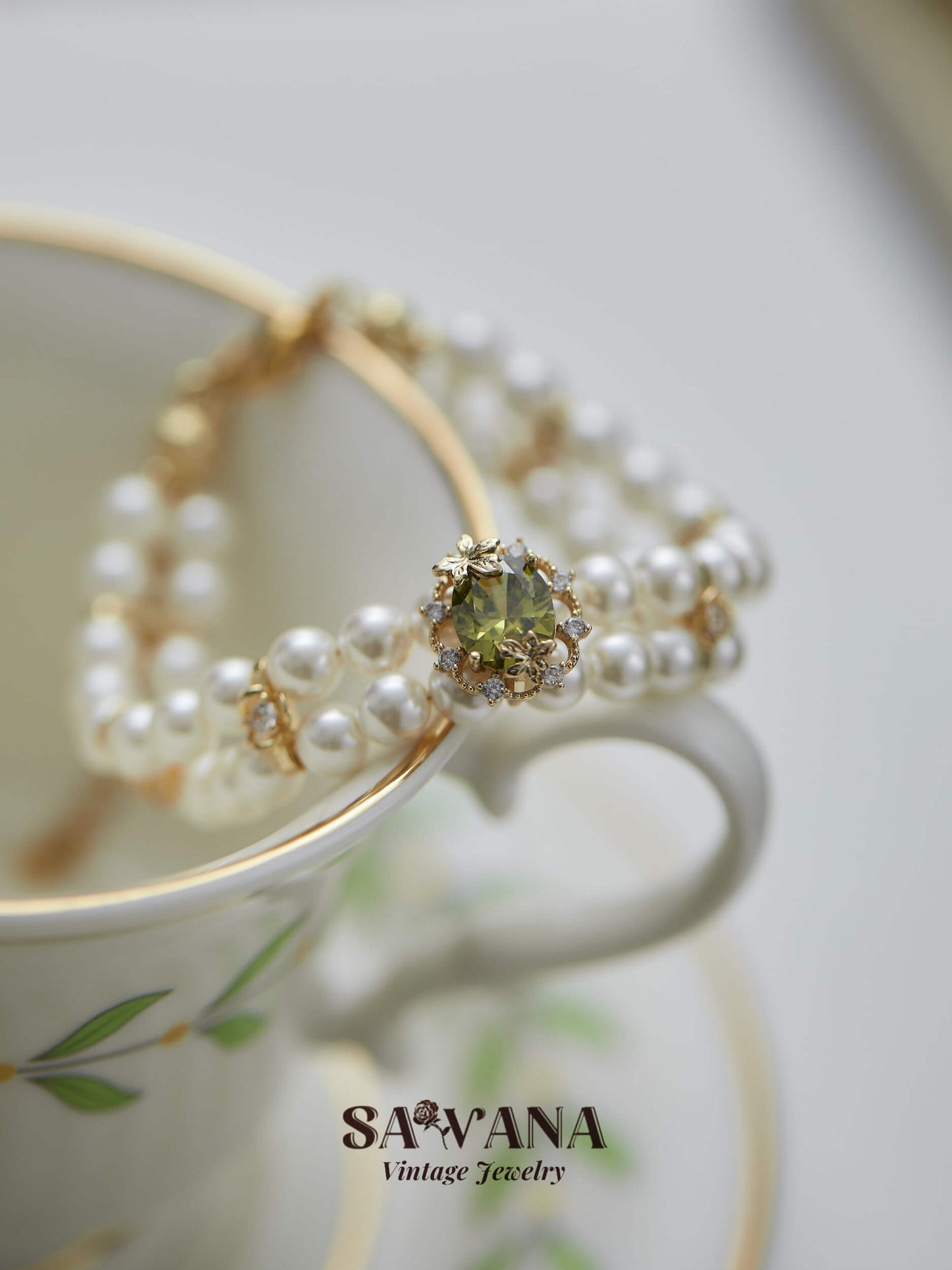 Psychedelic Forest Delicate Olive Green Zirconia Maple Leaf Double Pearl Bracelet miracleimy