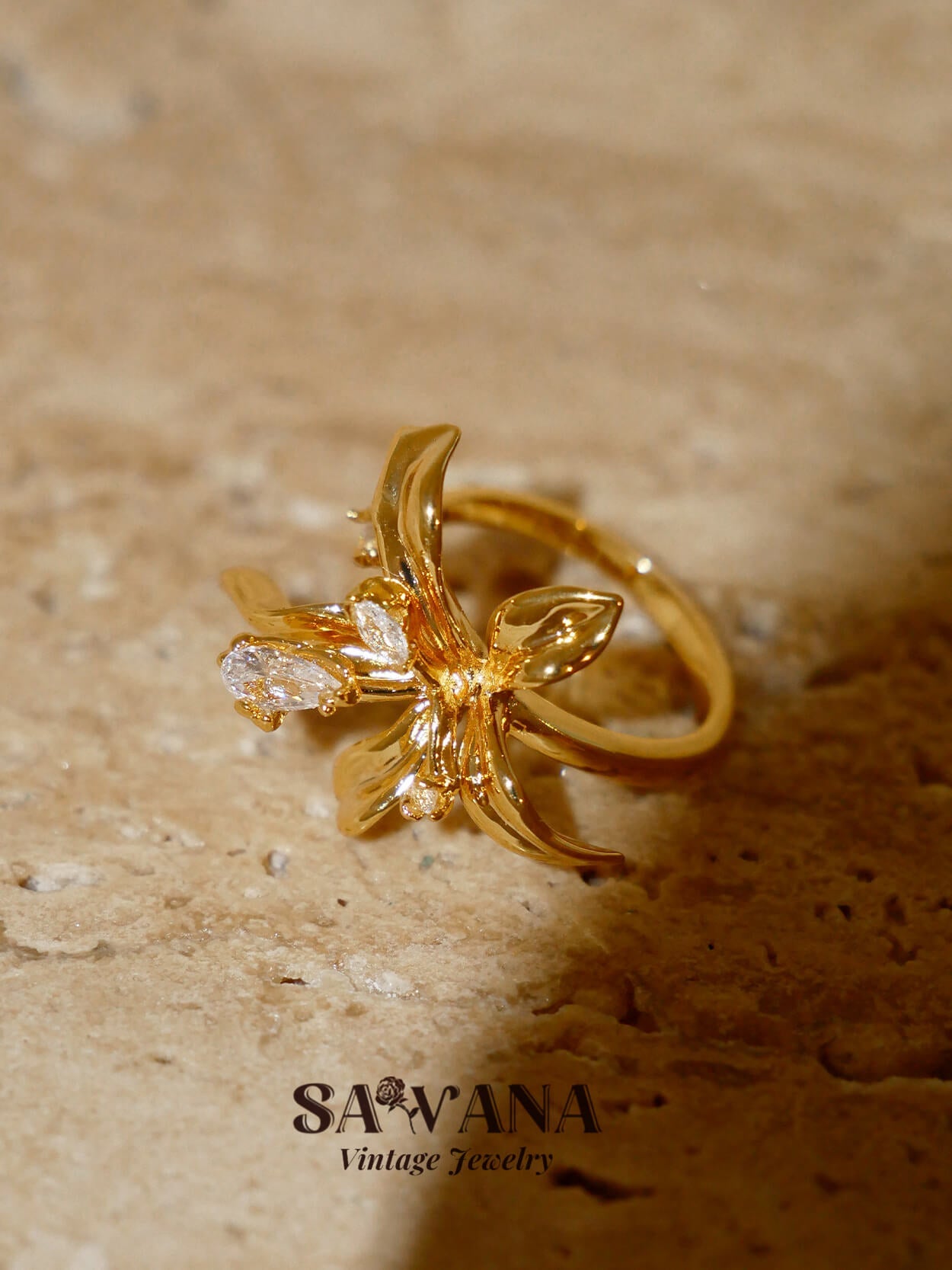 18K Gold Plated Lily Of The Valley Zirconia Ring SAWANAJewelry