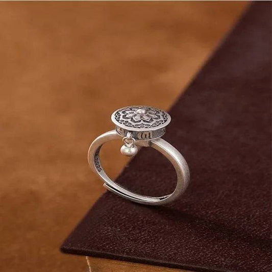 Sterling Silver Buddhist Mantra Lotus Flower Turning Ring - miracleimy