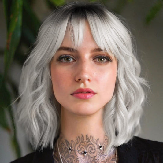 Short White Silver Wigs for Women Ombre Grey Wavy Bob Wig with Bangs Medium Length Synthetic Hair Water Wave Dark Roots Wig Gray Colorful Wigs（12 Inches） miracleimy