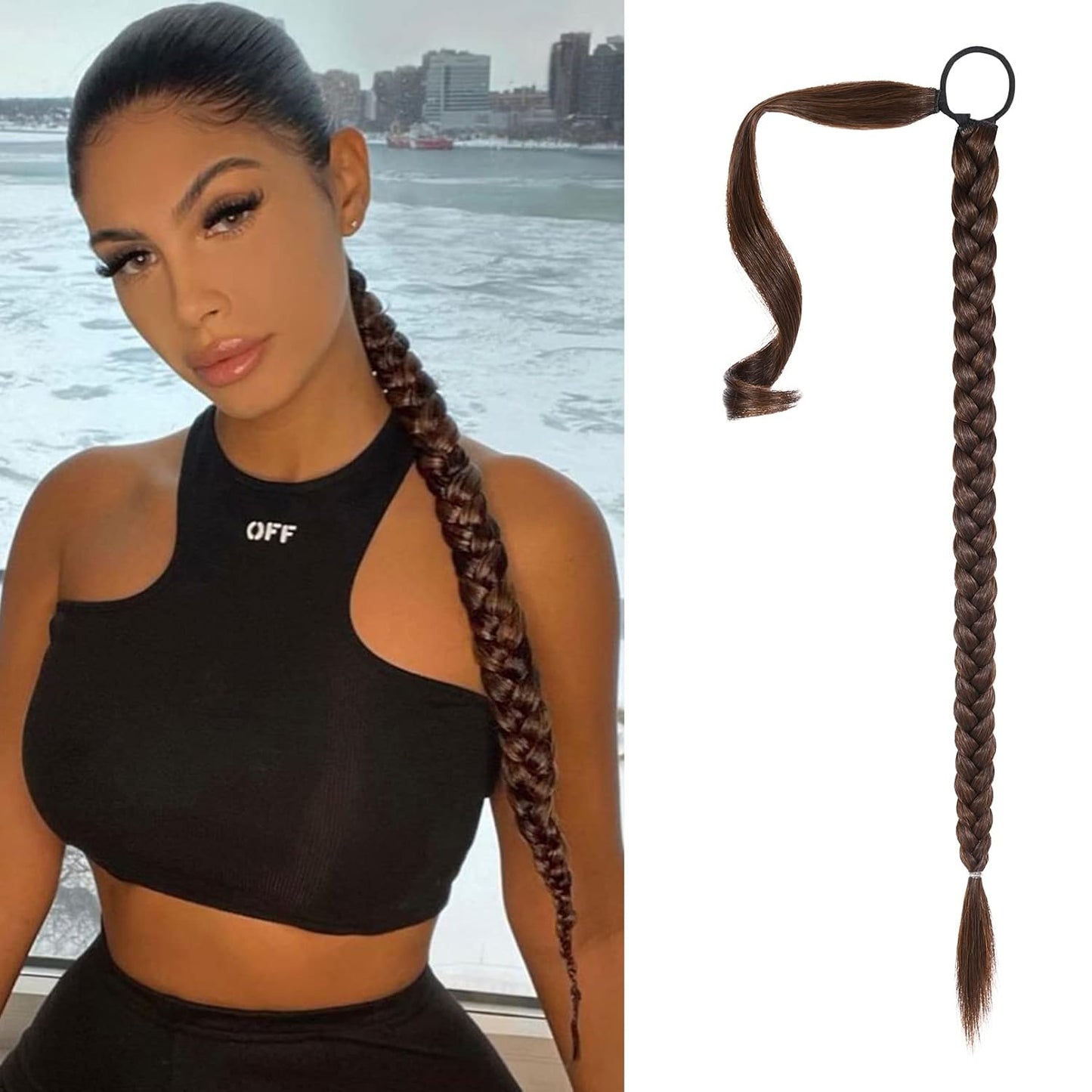 2PCS Long Braid Ponytail Extension with Hair Tie Long Straight Wrap Around Hair Extensions Ponytail Natural Soft Synthetic Hair Piece Black Brown 26 Inch (After Braided 23 Inch) miracleimy