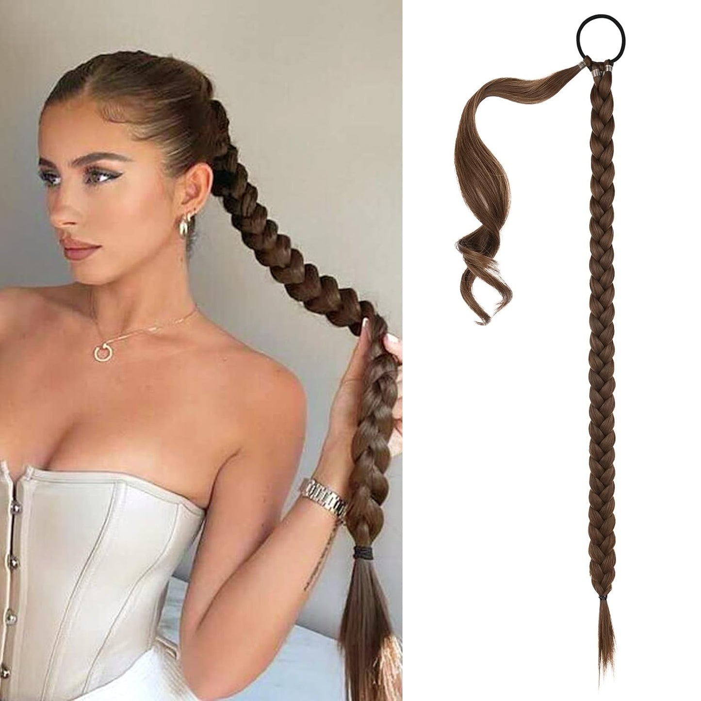 2PCS Long Braid Ponytail Extension with Hair Tie Long Straight Wrap Around Hair Extensions Ponytail Natural Soft Synthetic Hair Piece Black Brown 26 Inch (After Braided 23 Inch) miracleimy