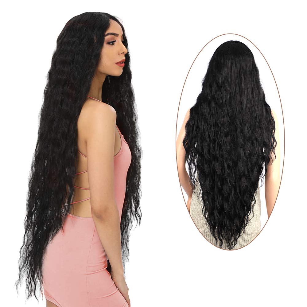 38” Long Black Wig for Women Long Curly Wig Black Long Curly Wig Super Long Black Water Wavy Wig Soft Wavy Fluffy Curly Wig (Black) miracleimy