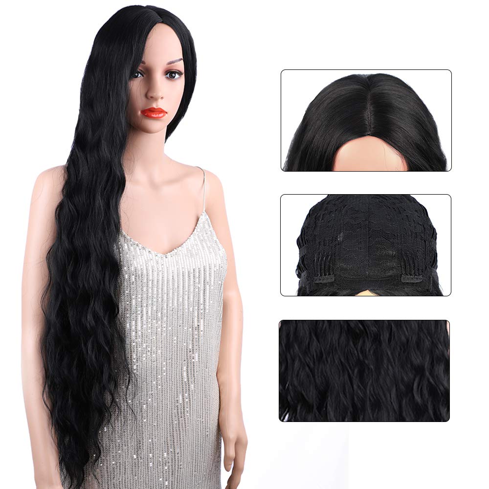 38” Long Black Wig for Women Long Curly Wig Black Long Curly Wig Super Long Black Water Wavy Wig Soft Wavy Fluffy Curly Wig (Black) miracleimy