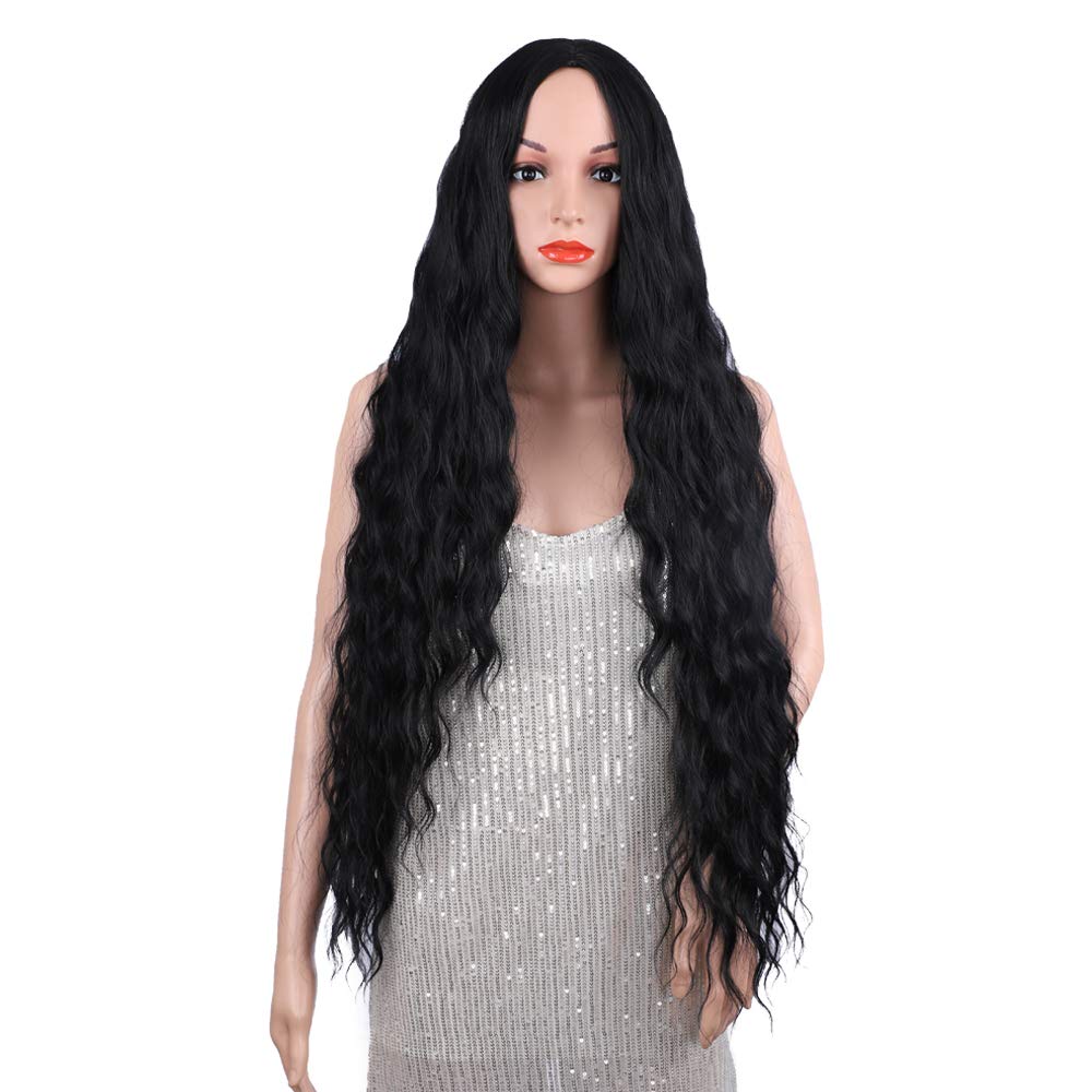 38” Long Black Wig for Women Long Curly Wig Black Long Curly Wig Super Long Black Water Wavy Wig Soft Wavy Fluffy Curly Wig (Black) miracleimy