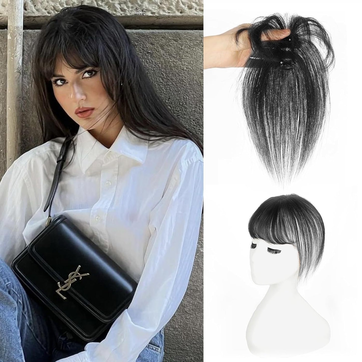 Bangs Hair Clip, 360° Cover Clip in Bangs Real Human Hair 100% Human Hair Clip on Bangs for Women Fake Bangs for Daily Wear (Black) miracleimy