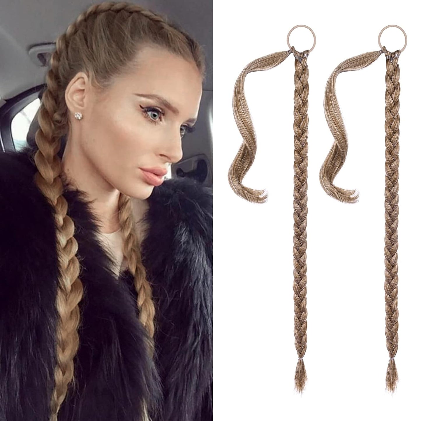 2PCS Long Braid Ponytail Extension with Hair Tie Long Straight Wrap Around Hair Extensions Ponytail Natural Soft Synthetic Hair Piece Black Brown 26 Inch (After Braided 23 Inch) miracleimy