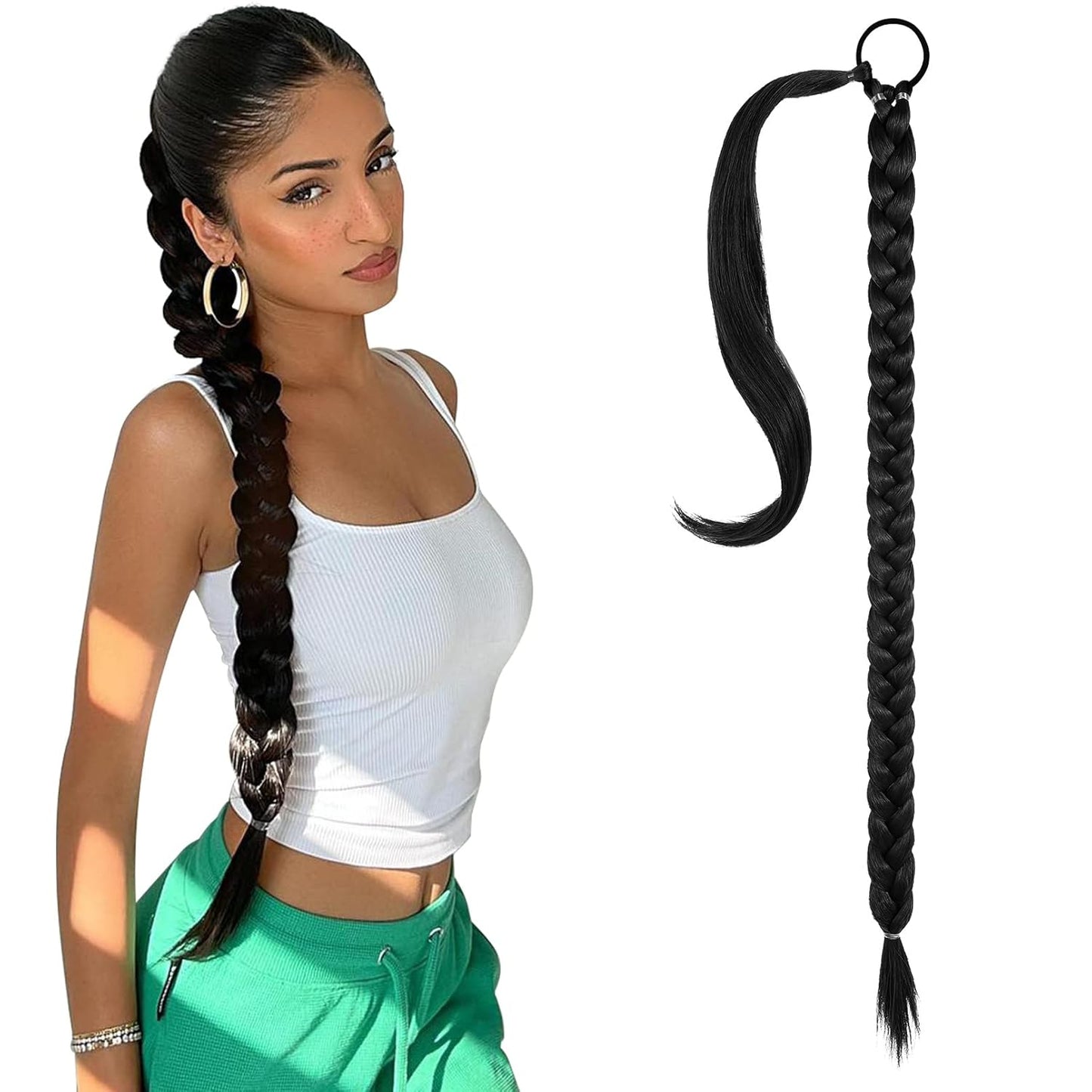 2PCS Long Braid Ponytail Extension with Hair Tie Long Straight Wrap Around Hair Extensions Ponytail Natural Soft Synthetic Hair Piece Black Brown 26 Inch (After Braided 23 Inch) miracleimy