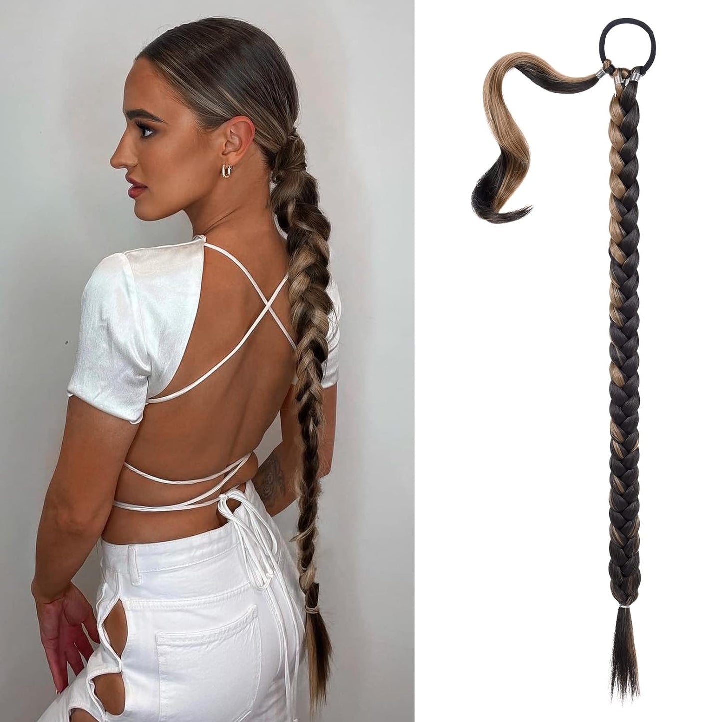 2PCS Long Braid Ponytail Extension with Hair Tie Long Straight Wrap Around Hair Extensions Ponytail Natural Soft Synthetic Hair Piece Black Brown 26 Inch (After Braided 23 Inch) miracleimy