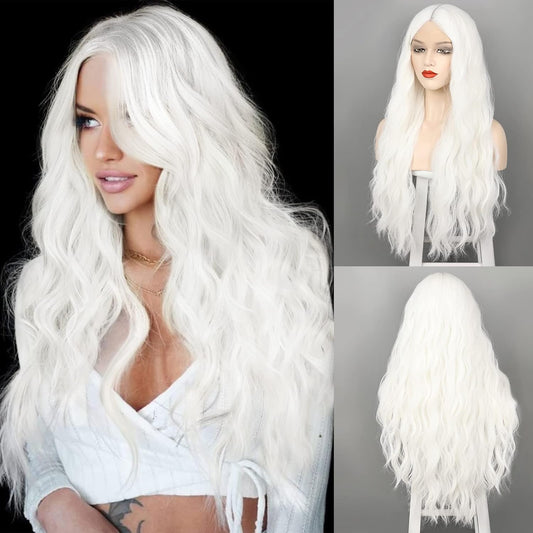 Long White Wigs for Women, 28 Inches Wavy Lace Heat Synthetic Middle Part Natural Looking Silky Wig for Daily Use, Halloween & Cosplay miracleimy