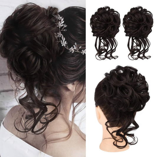 2PCS Messy Bun Hair Piece, Tousled Updo with Tendrils Hair Bun Extensions Wavy Curly Hair Wrap Ponytail Hairpieces Hair Scrunchies for Women HB010 Dasiy - Dark Brown miracleimy