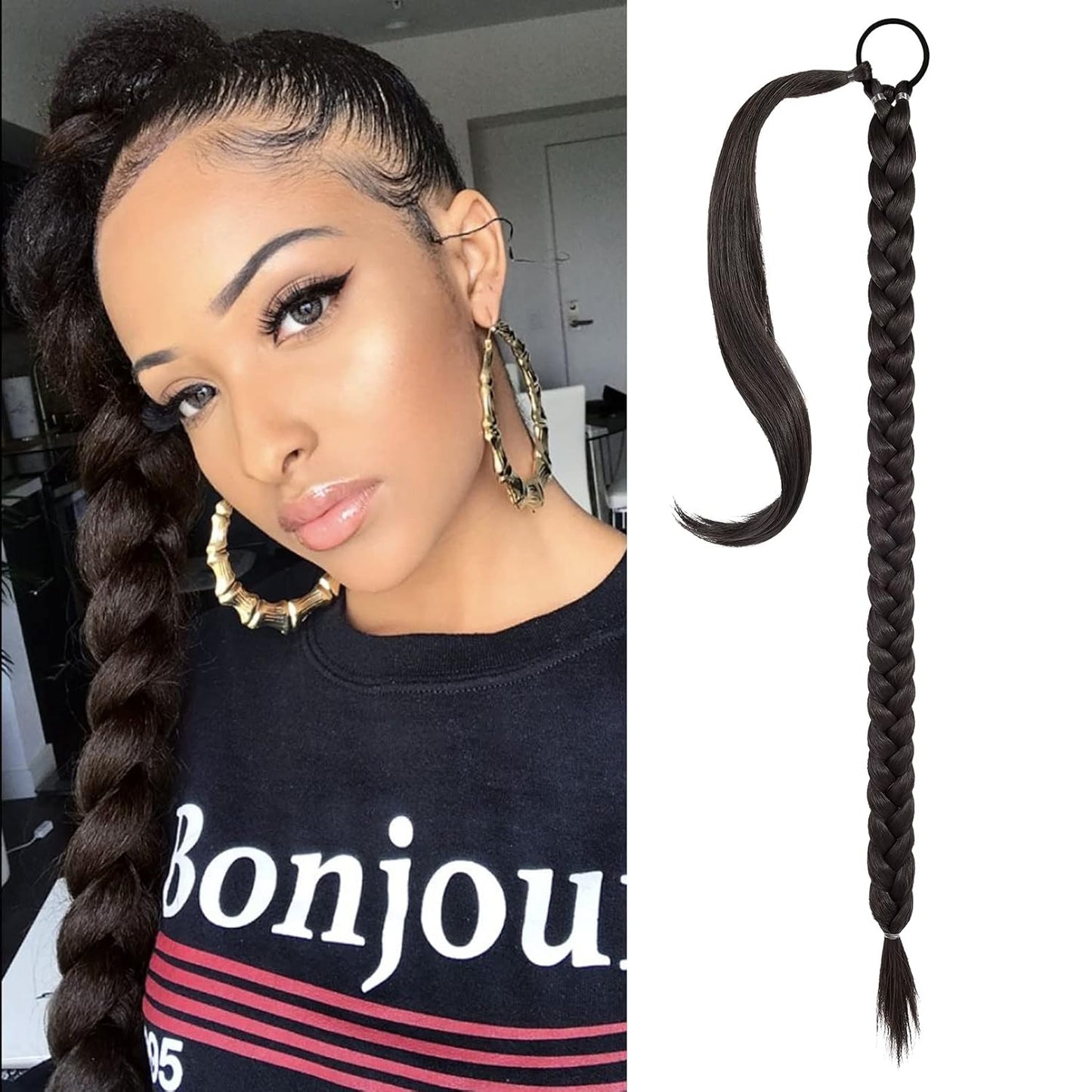 2PCS Long Braid Ponytail Extension with Hair Tie Long Straight Wrap Around Hair Extensions Ponytail Natural Soft Synthetic Hair Piece Black Brown 26 Inch (After Braided 23 Inch) miracleimy