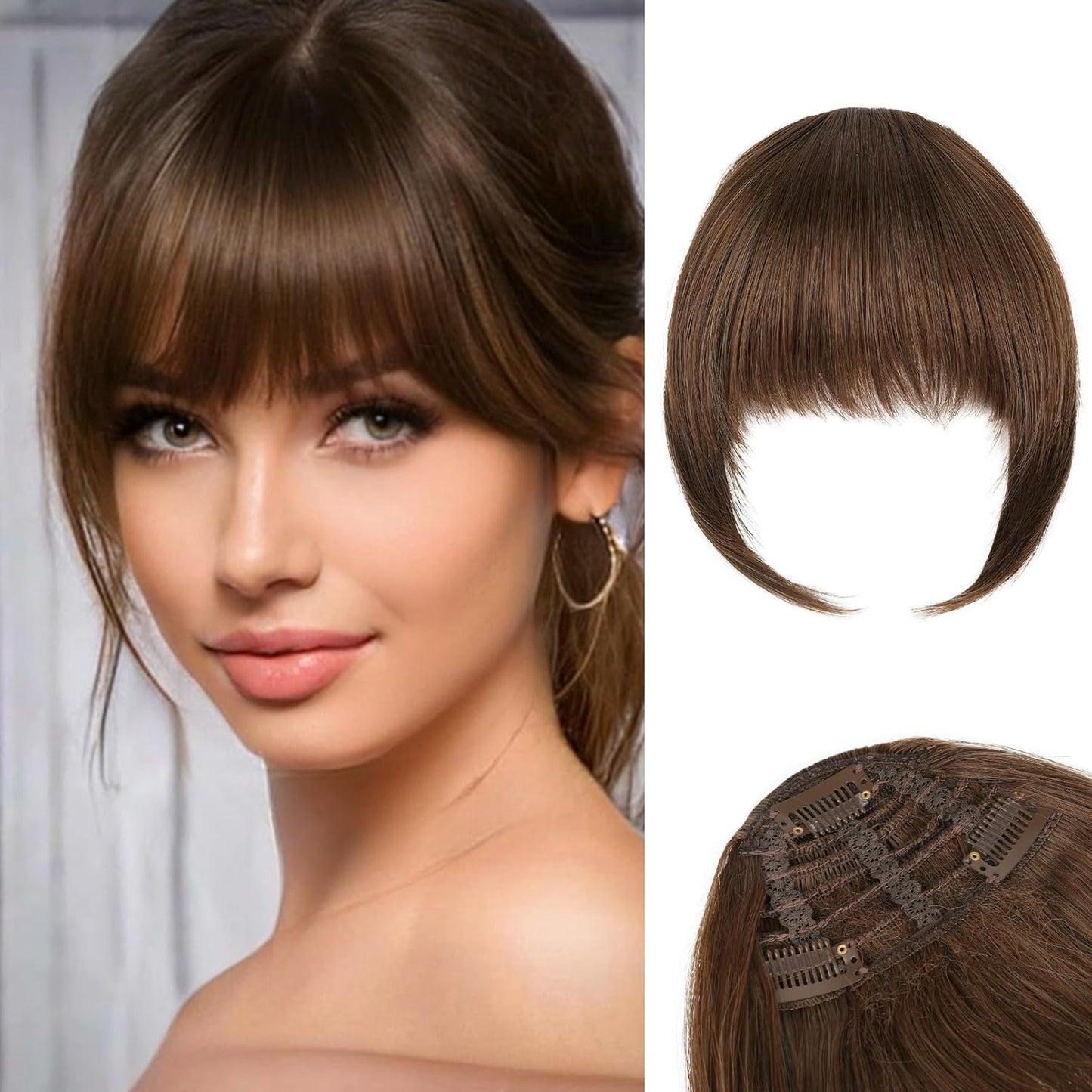 Clip in Bangs, 3 Secure Clips in Blunt Cut Bangs, Synthetic Fake Bangs Thick Full Fringe with Temples Hairpieces for Women Daily Wear - Silver Grey miracleimy