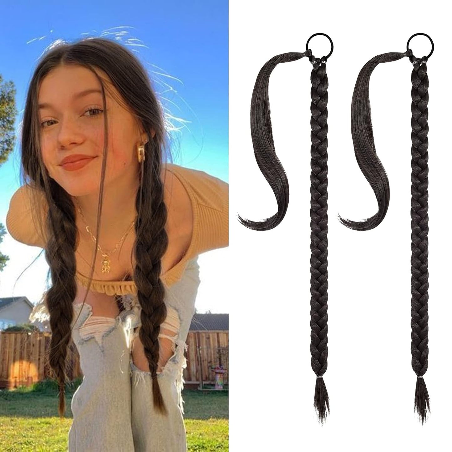 2PCS Long Braid Ponytail Extension with Hair Tie Long Straight Wrap Around Hair Extensions Ponytail Natural Soft Synthetic Hair Piece Black Brown 26 Inch (After Braided 23 Inch) miracleimy