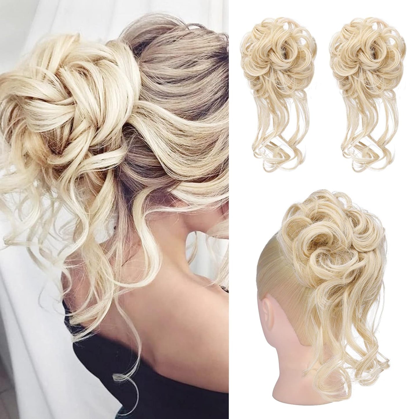 2PCS Messy Bun Hair Piece, Tousled Updo with Tendrils Hair Bun Extensions Wavy Curly Hair Wrap Ponytail Hairpieces Hair Scrunchies for Women HB010 Dasiy - Dark Brown miracleimy