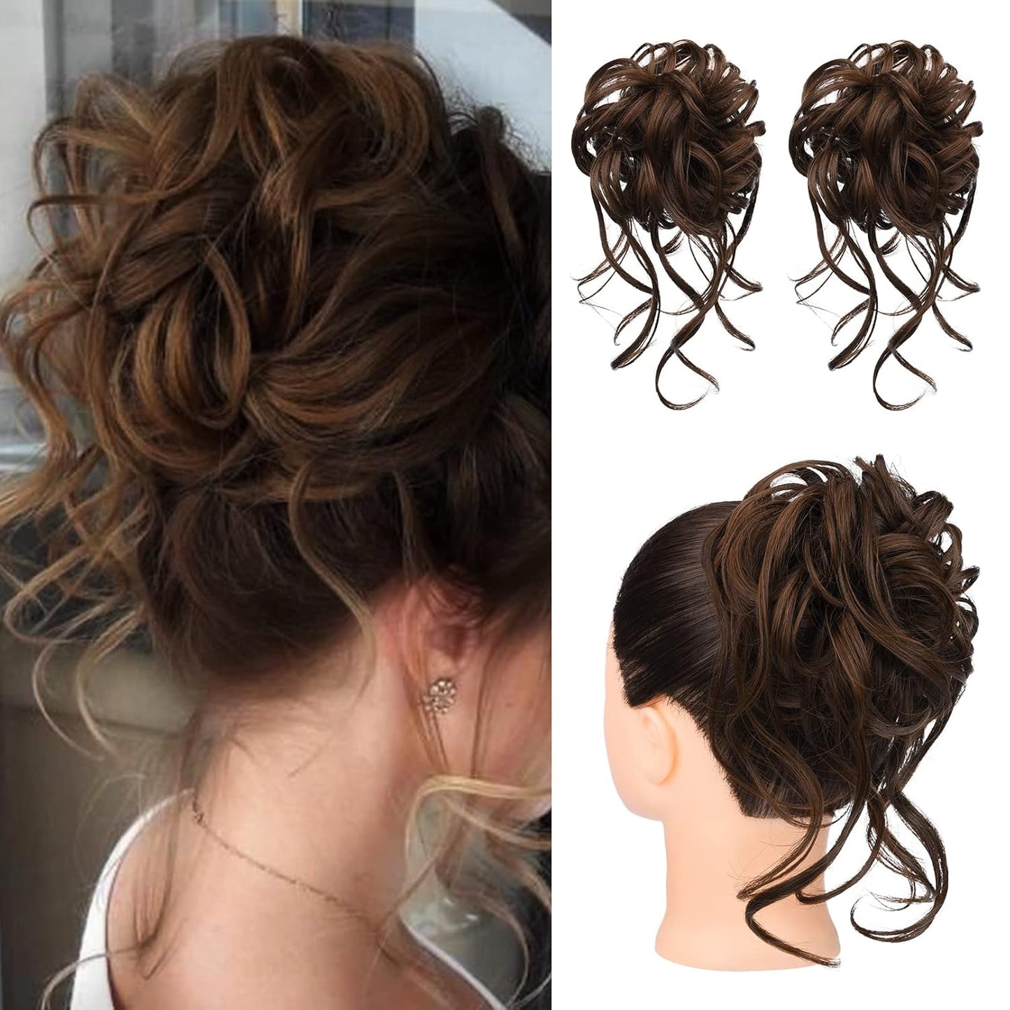 2PCS Messy Bun Hair Piece, Tousled Updo with Tendrils Hair Bun Extensions Wavy Curly Hair Wrap Ponytail Hairpieces Hair Scrunchies for Women HB010 Dasiy - Dark Brown miracleimy