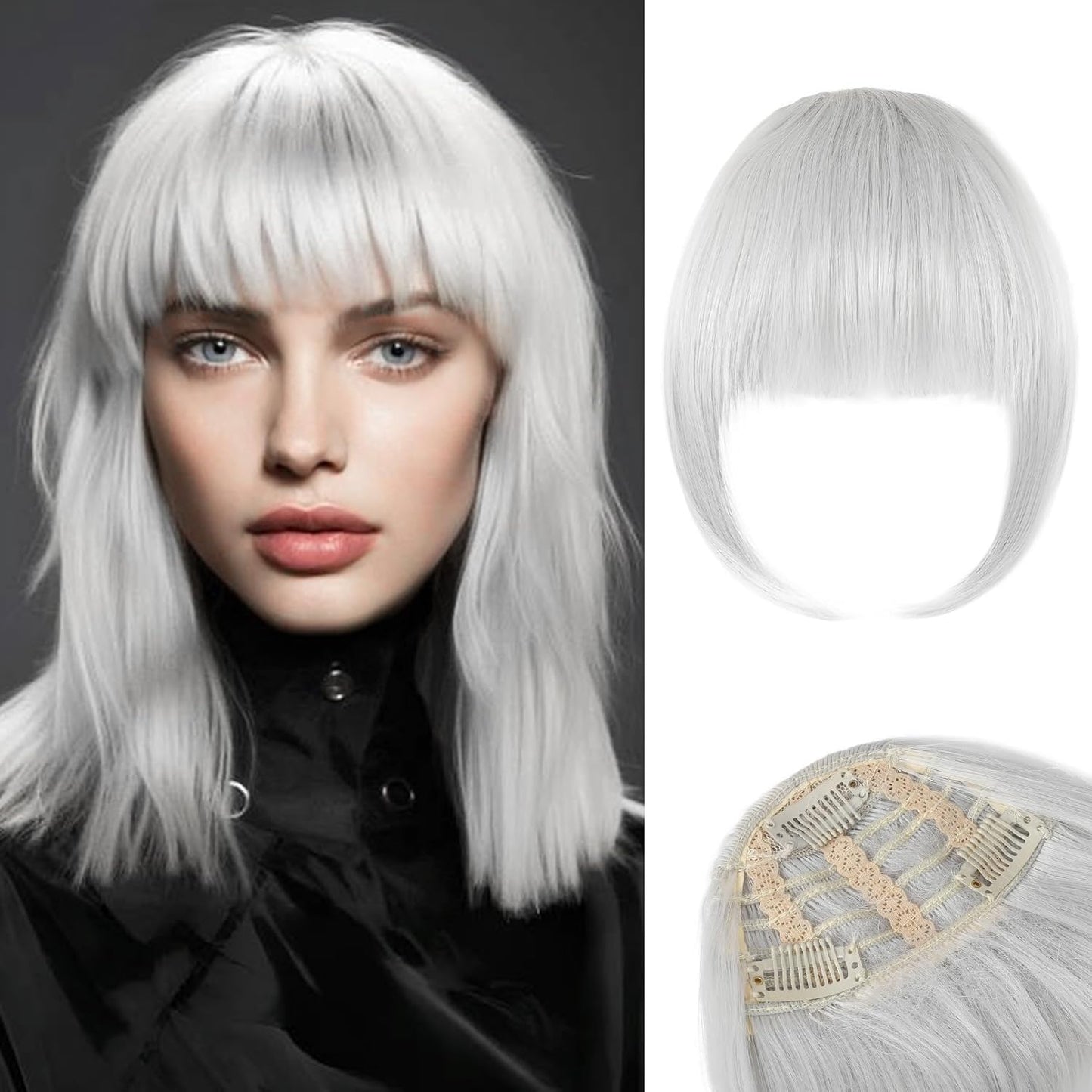 Clip in Bangs, 3 Secure Clips in Blunt Cut Bangs, Synthetic Fake Bangs Thick Full Fringe with Temples Hairpieces for Women Daily Wear - Silver Grey miracleimy