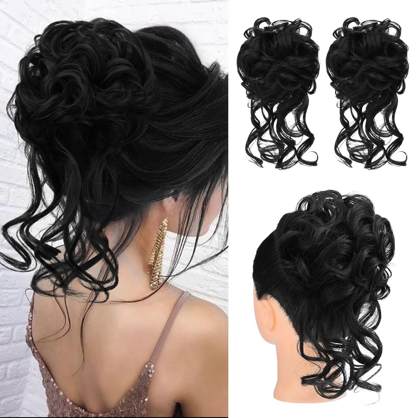 2PCS Messy Bun Hair Piece, Tousled Updo with Tendrils Hair Bun Extensions Wavy Curly Hair Wrap Ponytail Hairpieces Hair Scrunchies for Women HB010 Dasiy - Dark Brown miracleimy