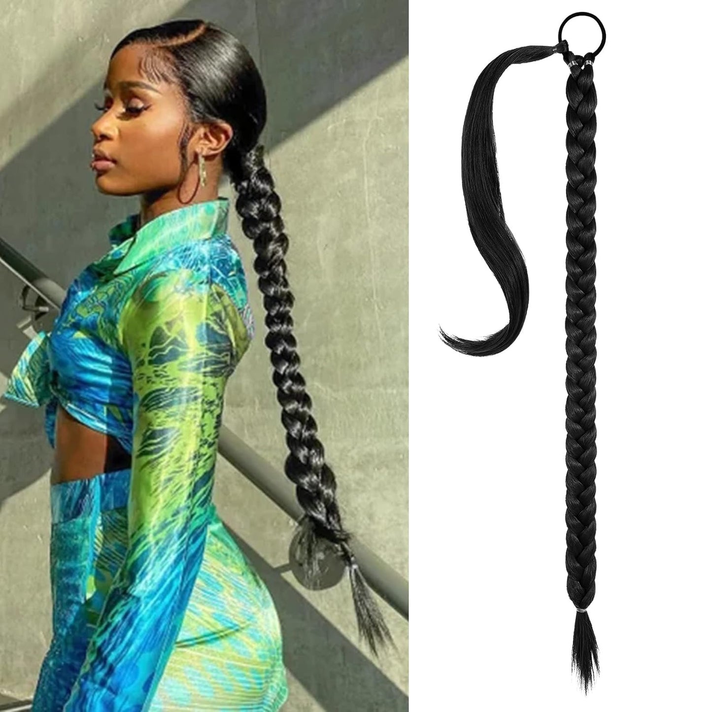 2PCS Long Braid Ponytail Extension with Hair Tie Long Straight Wrap Around Hair Extensions Ponytail Natural Soft Synthetic Hair Piece Black Brown 26 Inch (After Braided 23 Inch) miracleimy