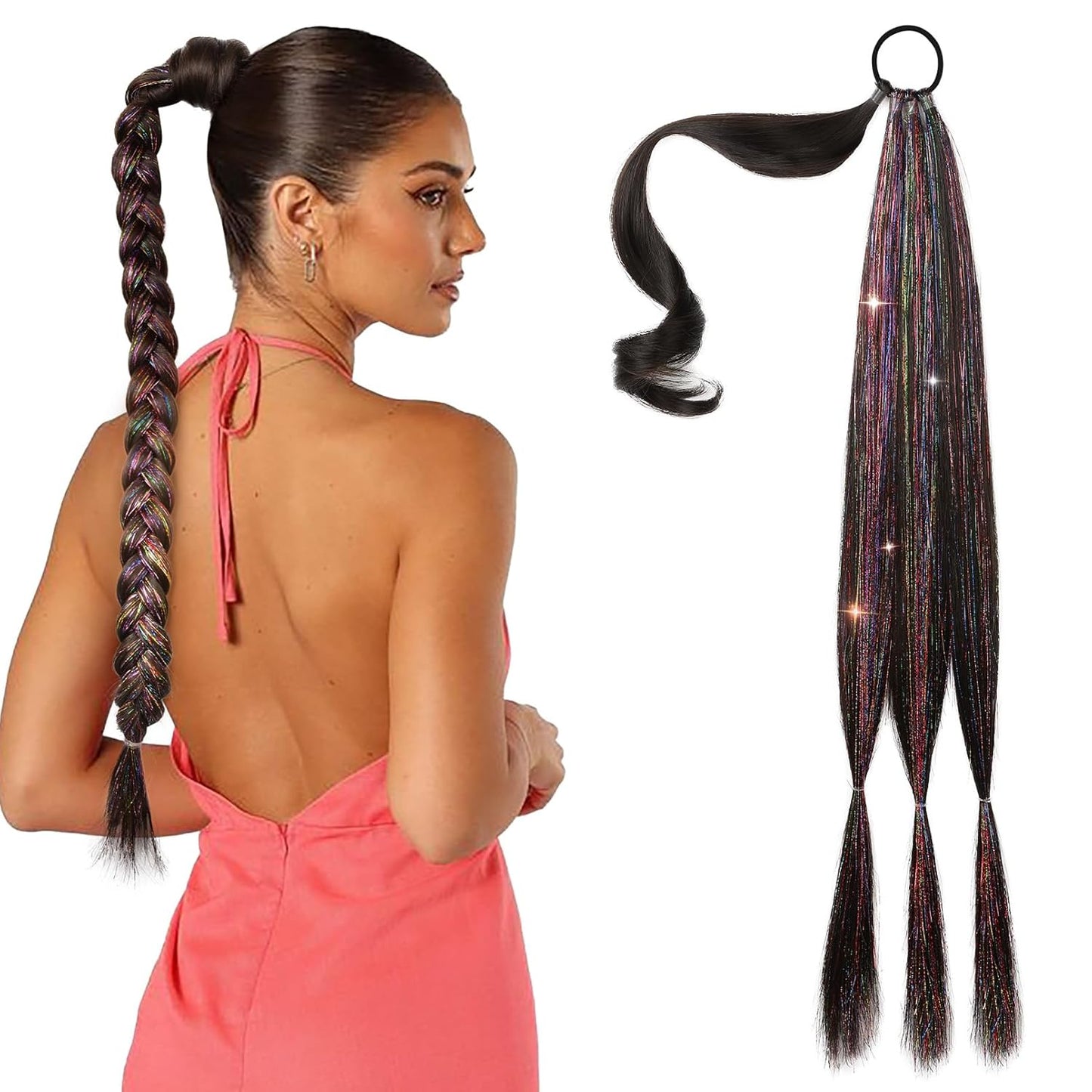 2PCS Long Braid Ponytail Extension with Hair Tie Long Straight Wrap Around Hair Extensions Ponytail Natural Soft Synthetic Hair Piece Black Brown 26 Inch (After Braided 23 Inch) miracleimy