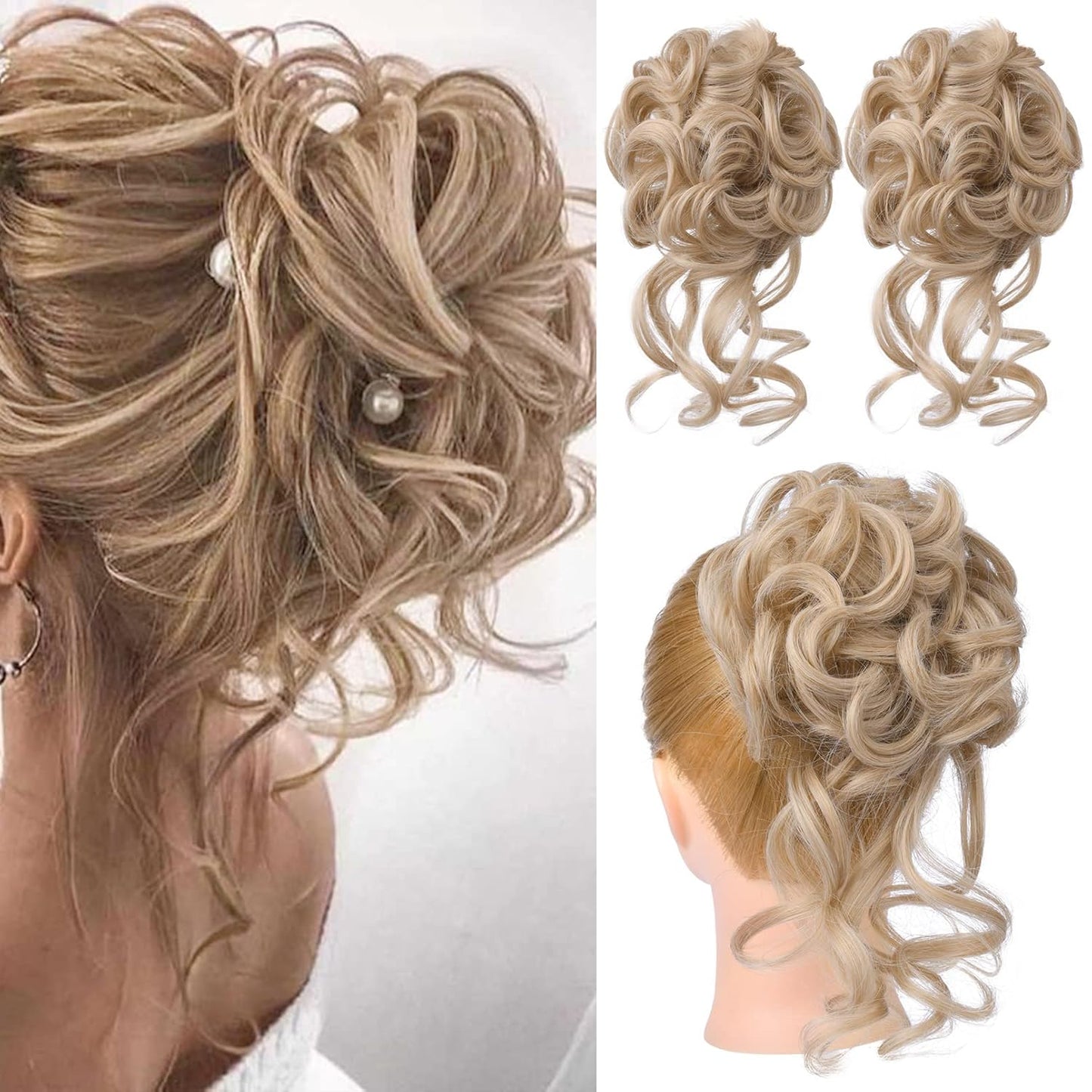 2PCS Messy Bun Hair Piece, Tousled Updo with Tendrils Hair Bun Extensions Wavy Curly Hair Wrap Ponytail Hairpieces Hair Scrunchies for Women HB010 Dasiy - Dark Brown miracleimy