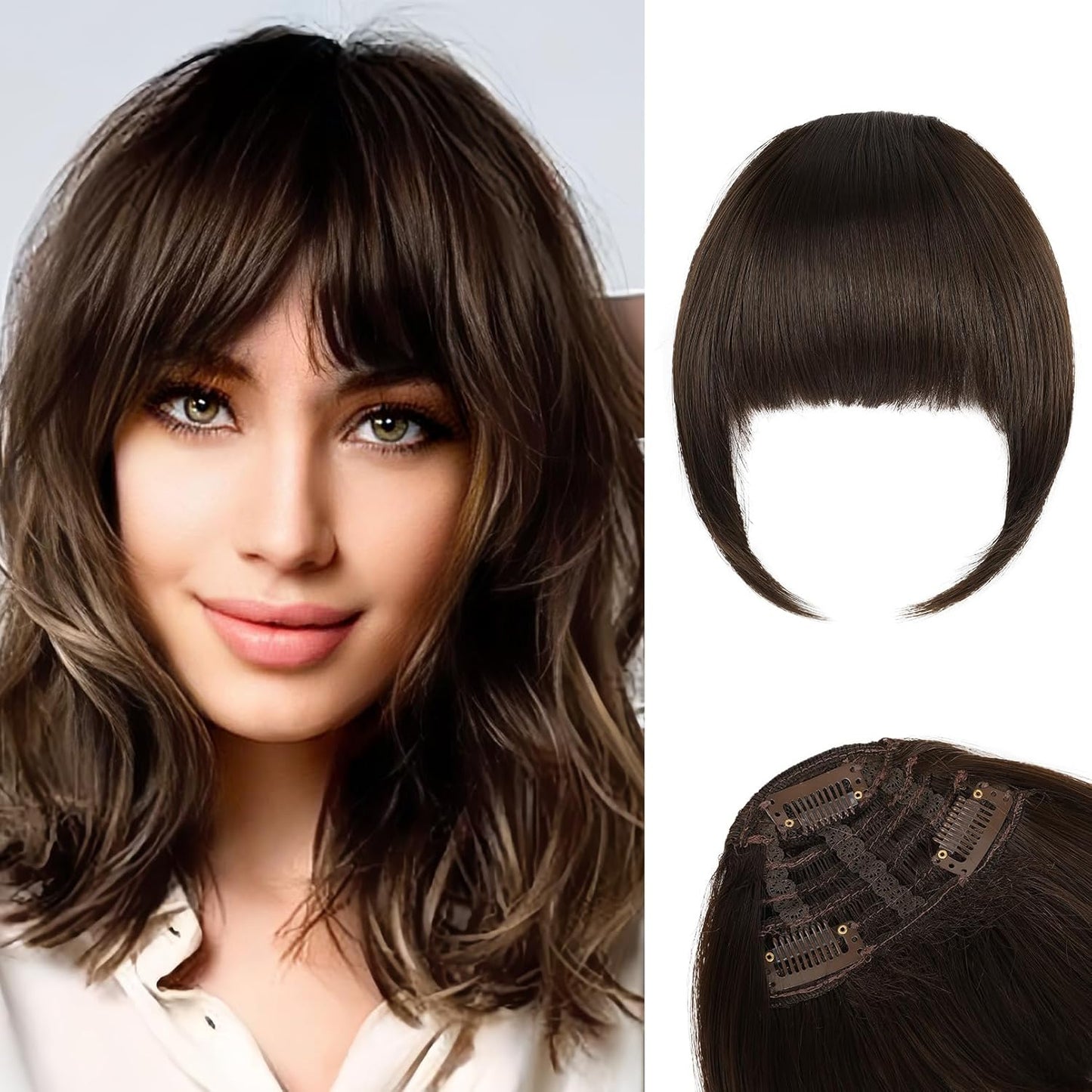 Clip in Bangs, 3 Secure Clips in Blunt Cut Bangs, Synthetic Fake Bangs Thick Full Fringe with Temples Hairpieces for Women Daily Wear - Silver Grey miracleimy