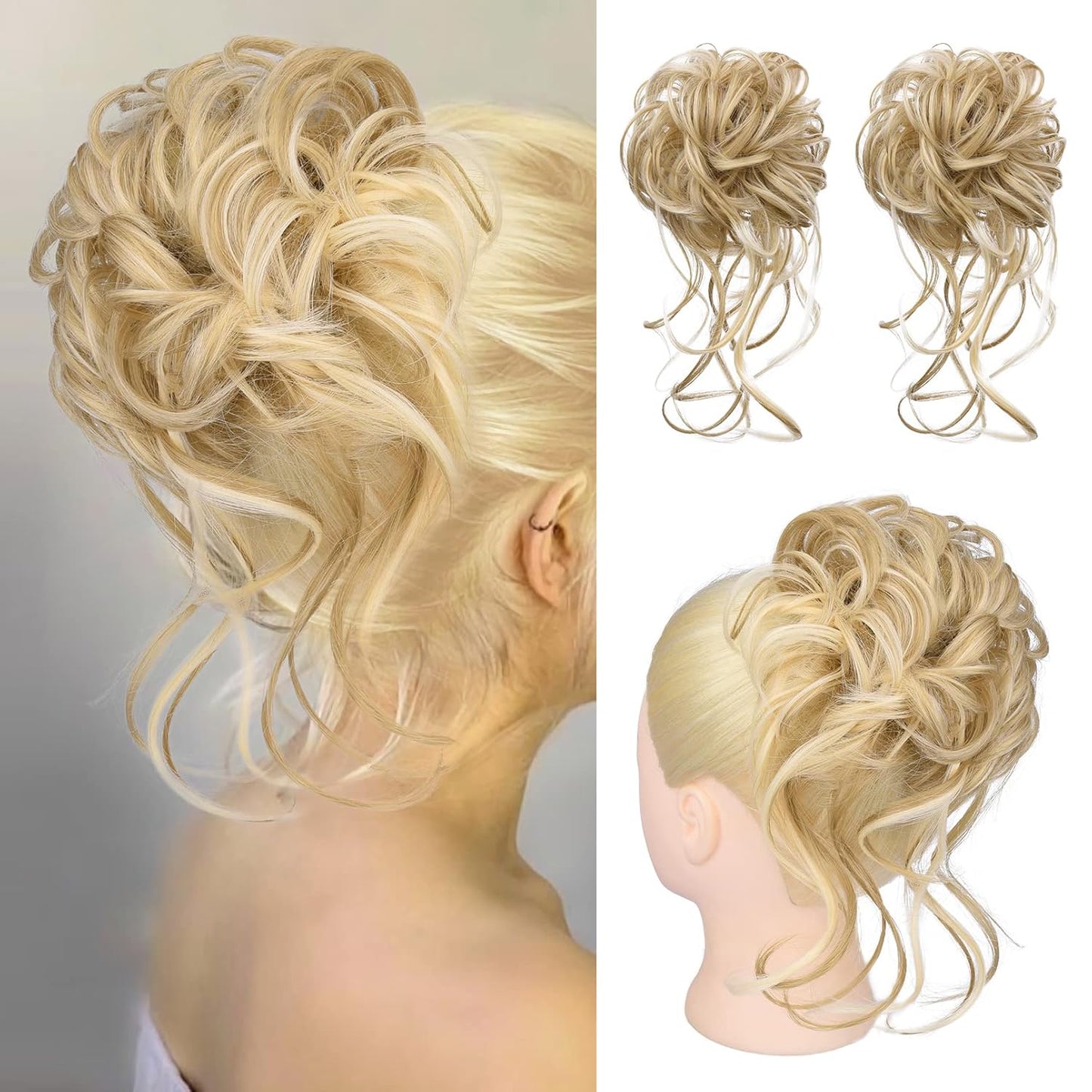 2PCS Messy Bun Hair Piece, Tousled Updo with Tendrils Hair Bun Extensions Wavy Curly Hair Wrap Ponytail Hairpieces Hair Scrunchies for Women HB010 Dasiy - Dark Brown miracleimy