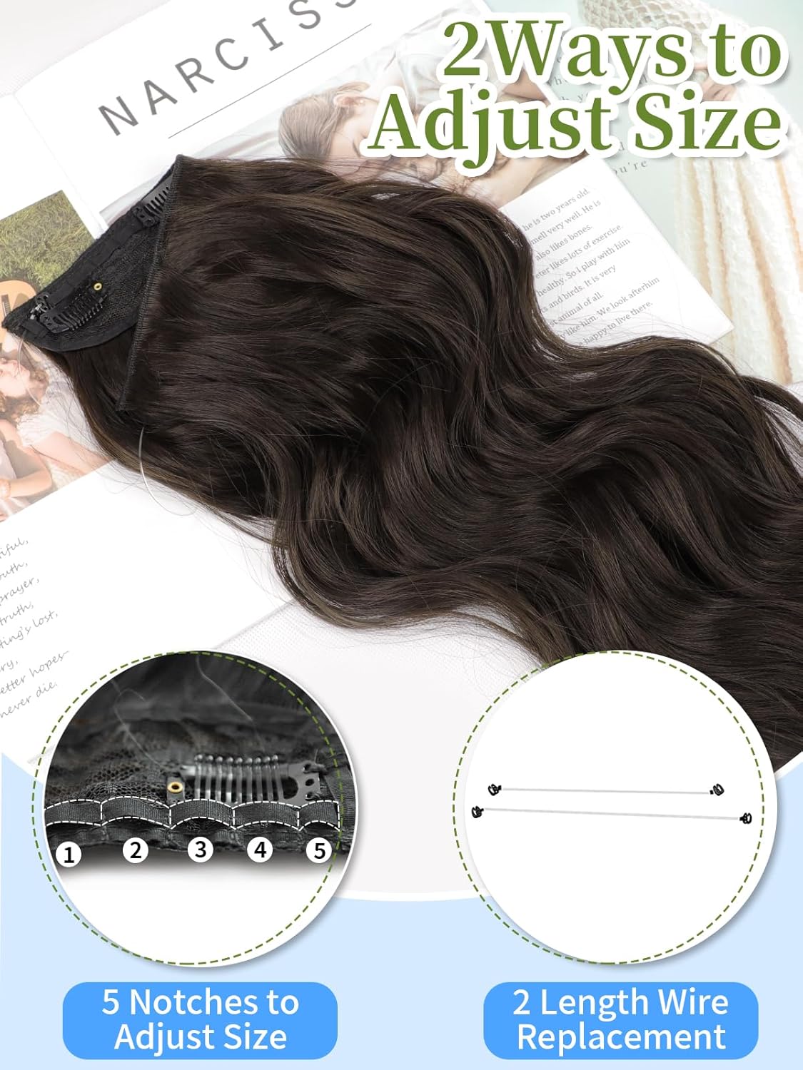 Invisible Wire Hair Extensions with Transparent Wire Adjustable Size 4 Secure Clips Long Wavy Secret Hairpiece 20 Inch Dark Brown for Women miracleimy