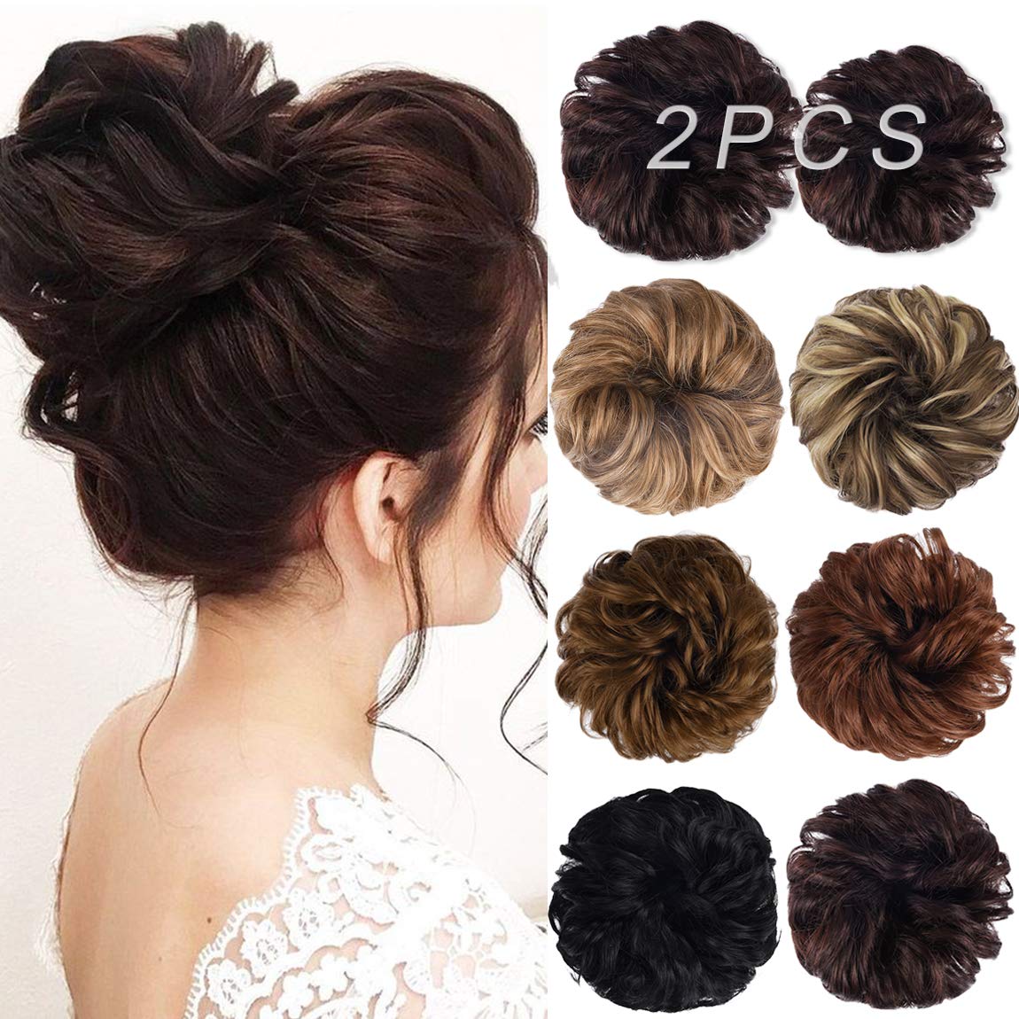 2PCS Messy Bun Hair Piece, Tousled Updo with Tendrils Hair Bun Extensions Wavy Curly Hair Wrap Ponytail Hairpieces Hair Scrunchies for Women HB010 Dasiy - Dark Brown miracleimy