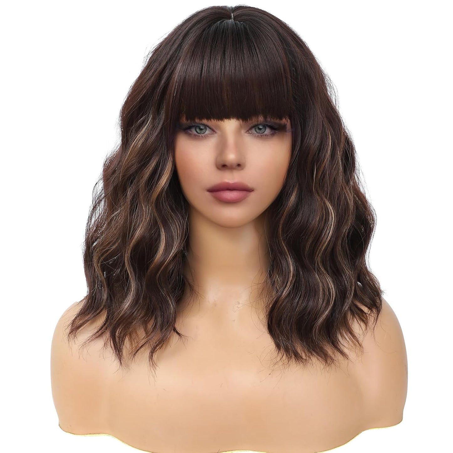 Brown Wig with Bangs for Women 14 Inch Short Bob Wavy Curly Wig Brown Hair Wigs Natural Looking Heat Resistant Synthetic Wigs miracleimy