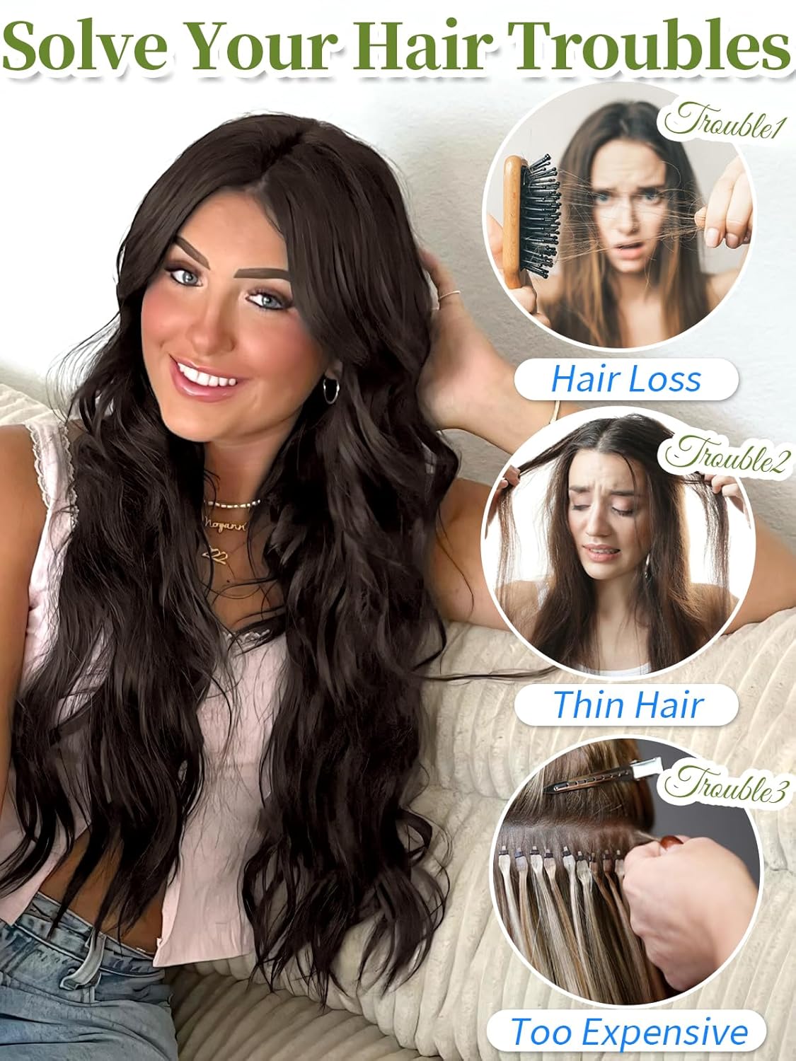 Invisible Wire Hair Extensions with Transparent Wire Adjustable Size 4 Secure Clips Long Wavy Secret Hairpiece 20 Inch Dark Brown for Women miracleimy