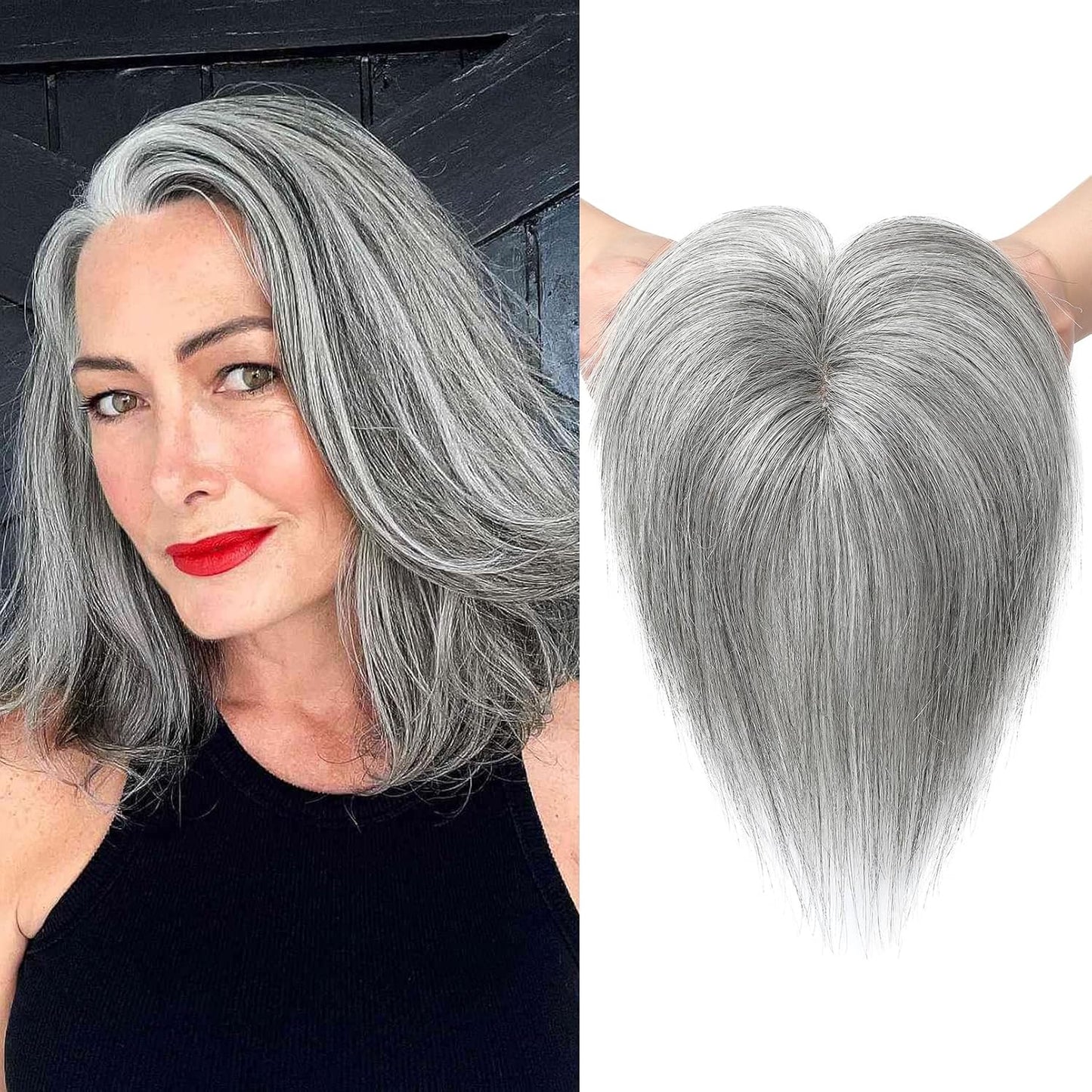 Human Hair Toppers, 6 Inch Hair Toppers for Thin Hair, Topper Hair Pieces with Bangs Real Human Hair, Clip In Wig Hair Topper Top Hair Extensions - Grey miracleimy