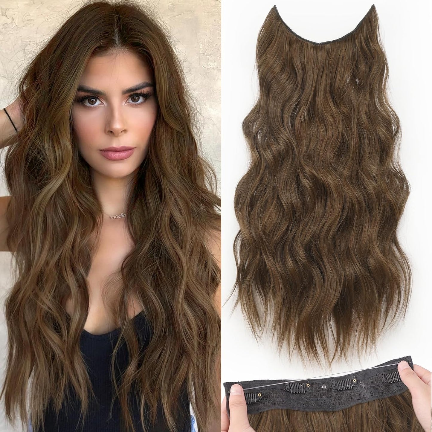 Invisible Wire Hair Extensions with Transparent Wire Adjustable Size 4 Secure Clips Long Wavy Secret Hairpiece 20 Inch Dark Brown for Women miracleimy