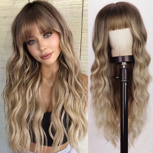 Lativ Blonde Wig With Bangs Long Wavy Curly Ombre Wig with Dark Root Synthetic Heat Resistant Wigs for Women Daily Party Use 26 Inches miracleimy