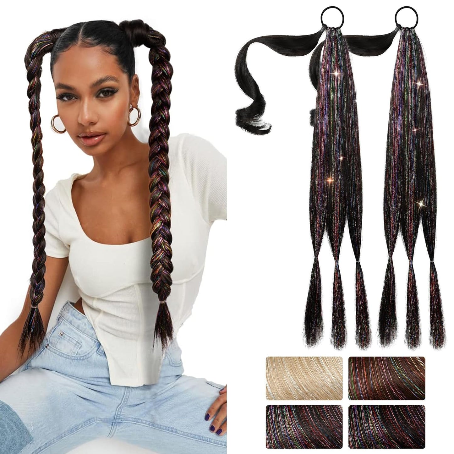 2PCS Long Braid Ponytail Extension with Hair Tie Long Straight Wrap Around Hair Extensions Ponytail Natural Soft Synthetic Hair Piece Black Brown 26 Inch (After Braided 23 Inch) miracleimy