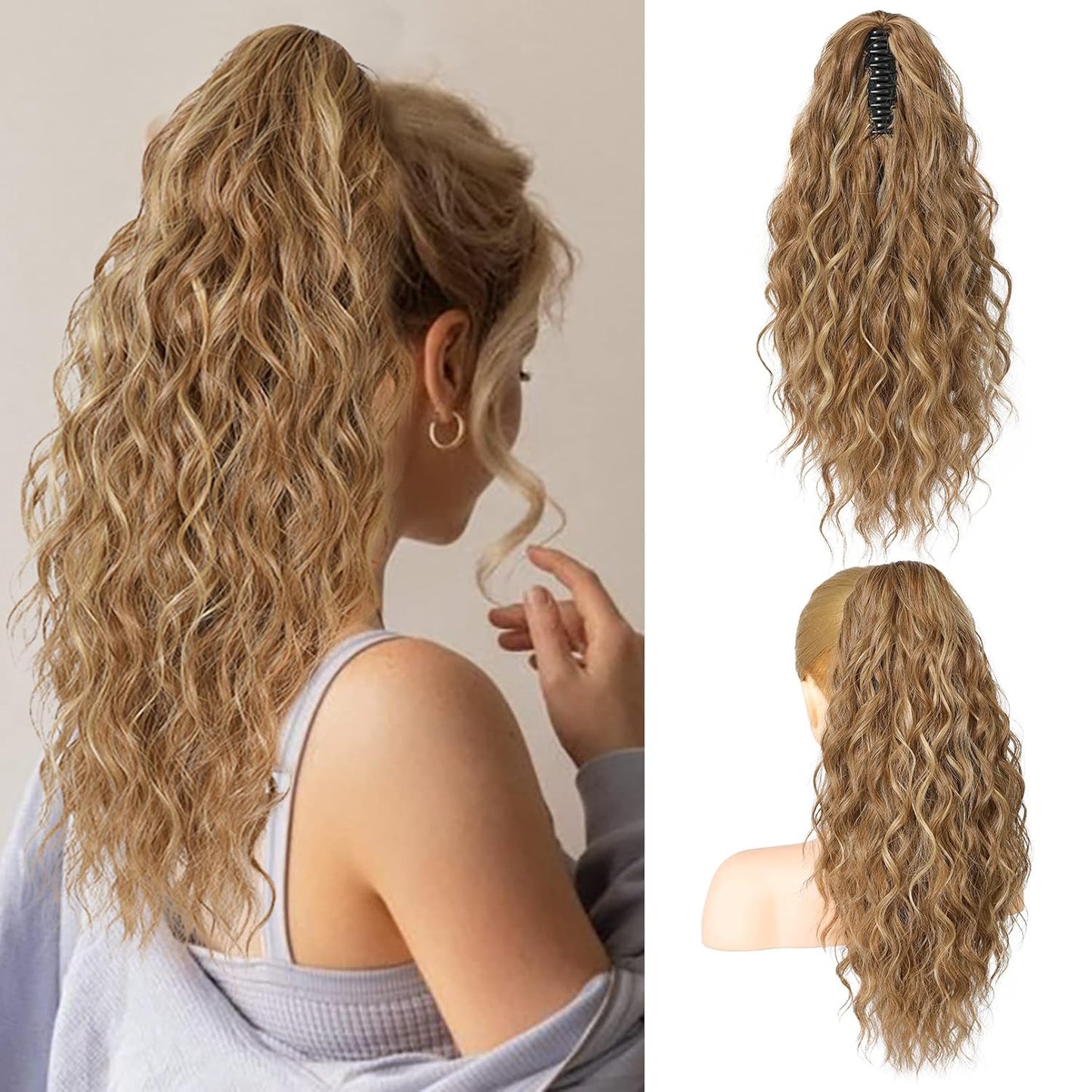 10" Highlight Ponytail Extension Claw Short Thick Wavy Curly Jaw Clip in Fake Pony Tails Fake Hair Soft Natural Looking Synthetic Hairpiece for Women Medium Blonde with White Blonde Highlights miracleimy