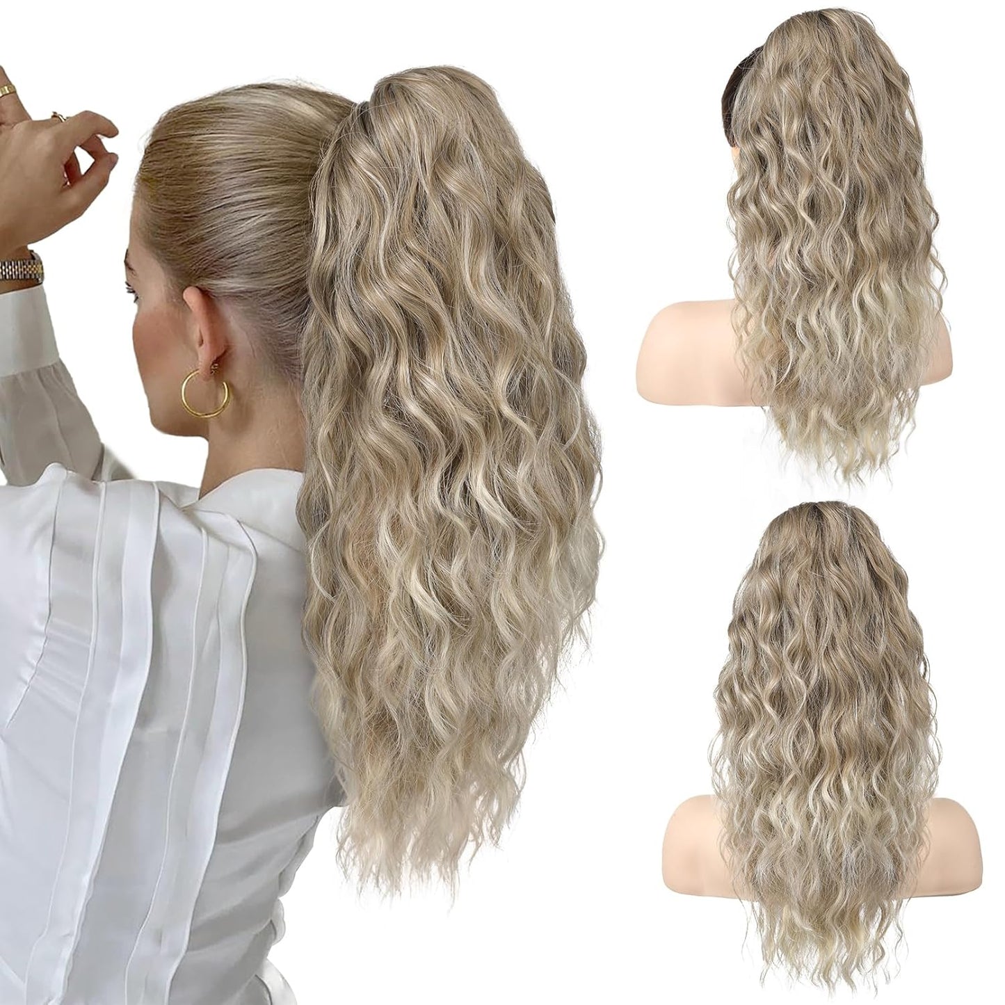 10" Highlight Ponytail Extension Claw Short Thick Wavy Curly Jaw Clip in Fake Pony Tails Fake Hair Soft Natural Looking Synthetic Hairpiece for Women Medium Blonde with White Blonde Highlights miracleimy