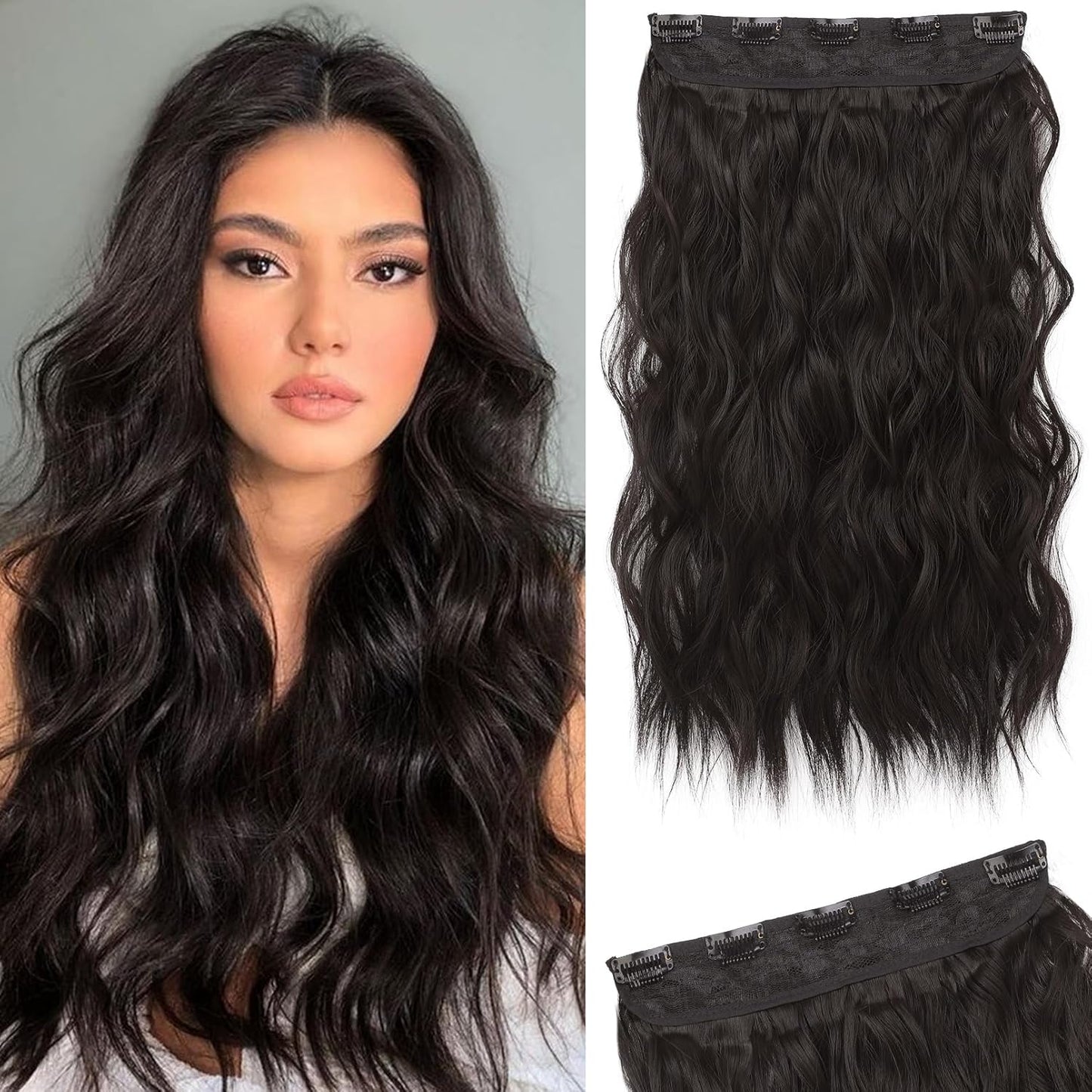 14" Short Length 1-Pack 3/4 Full Head Curly Wavy Clips in on Synthetic Hair Extensions HE008 Hairpieces for Women 5 Clips 3.6 Oz per Piece - Black Brown miracleimy