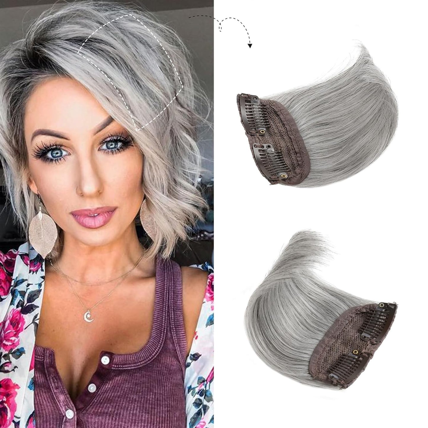 2 pack 4 inch Short Thick Hairpieces Adding Extra Hair Volume Clip in Hair Extensions Hair Topper for Thinning Hair Women Color Silver Grey miracleimy