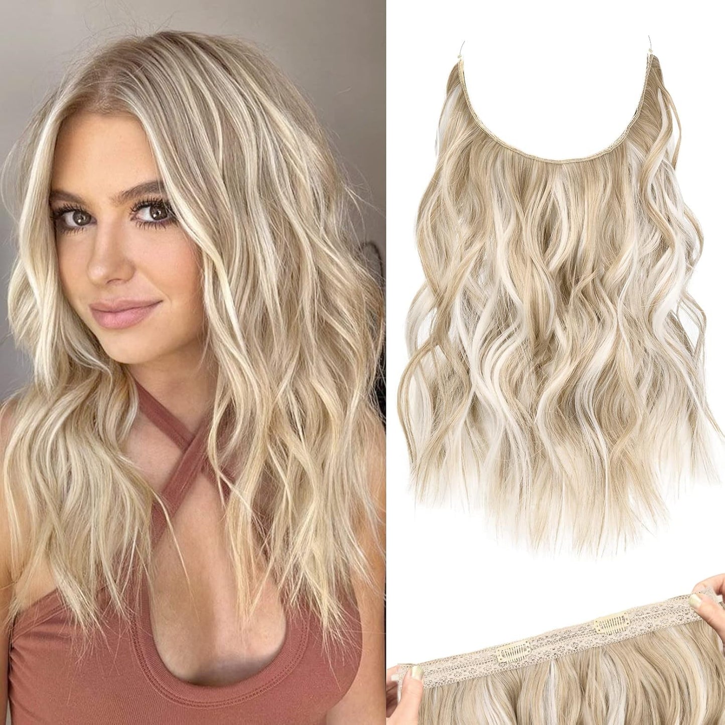 Invisible Wire Hair Extensions with Thinner Softer Lace Weft Adjustable Size Removable Secure Clips in Wavy Secret Hairpiece for Women 12 Inch (Pack of 1) - Dark Blonde with Highlights miracleimy