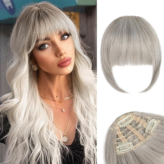 Clip in Bangs, 3 Secure Clips in Blunt Cut Bangs, Synthetic Fake Bangs Thick Full Fringe with Temples Hairpieces for Women Daily Wear - Silver Grey miracleimy