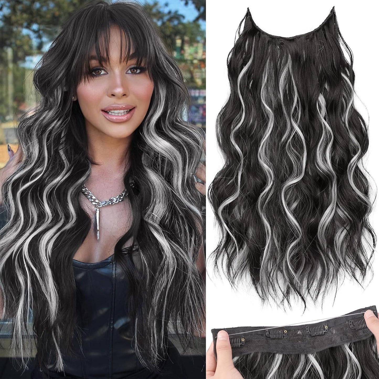 Invisible Wire Hair Extensions with Transparent Wire Adjustable Size 4 Secure Clips Long Wavy Secret Hairpiece 20 Inch Dark Brown for Women miracleimy