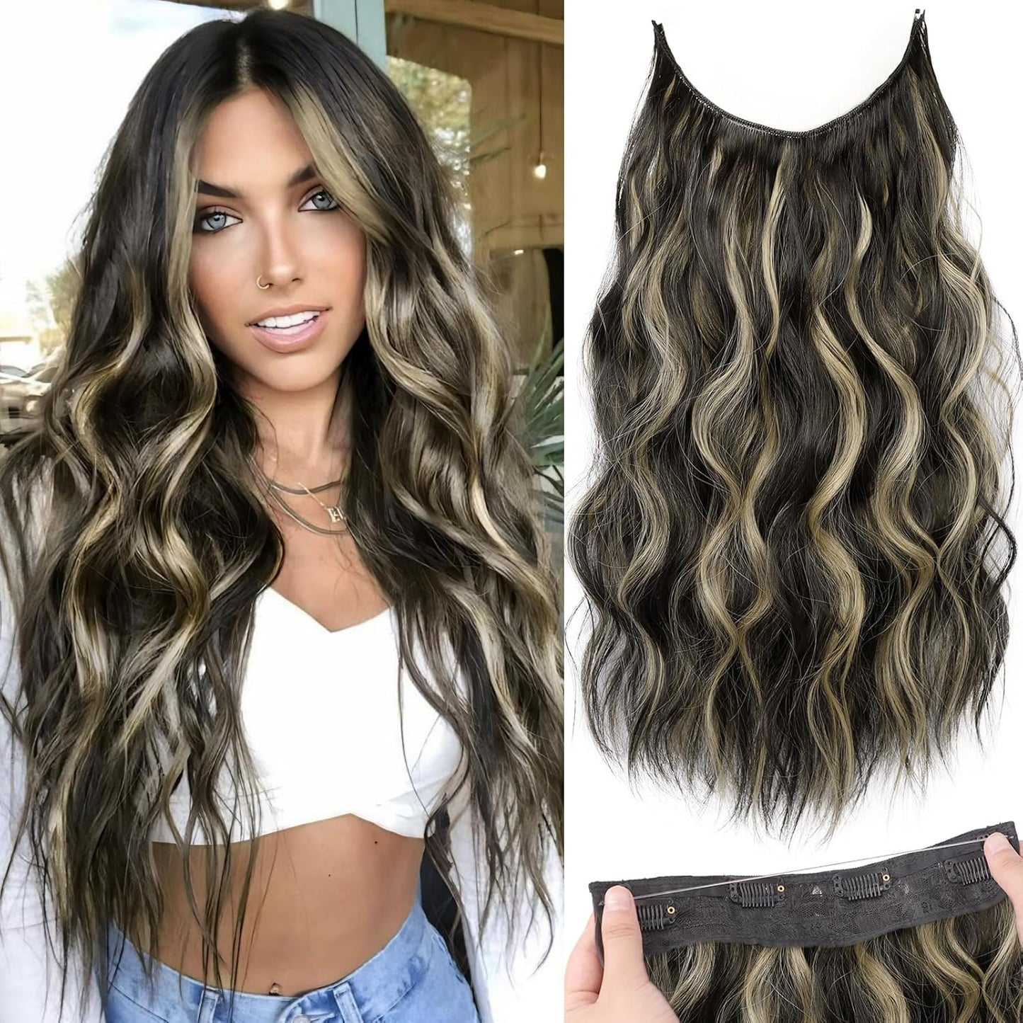 Invisible Wire Hair Extensions with Transparent Wire Adjustable Size 4 Secure Clips Long Wavy Secret Hairpiece 20 Inch Dark Brown for Women miracleimy