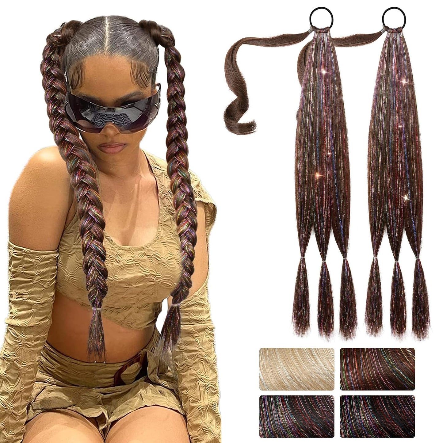 2PCS Long Braid Ponytail Extension with Hair Tie Long Straight Wrap Around Hair Extensions Ponytail Natural Soft Synthetic Hair Piece Black Brown 26 Inch (After Braided 23 Inch) miracleimy