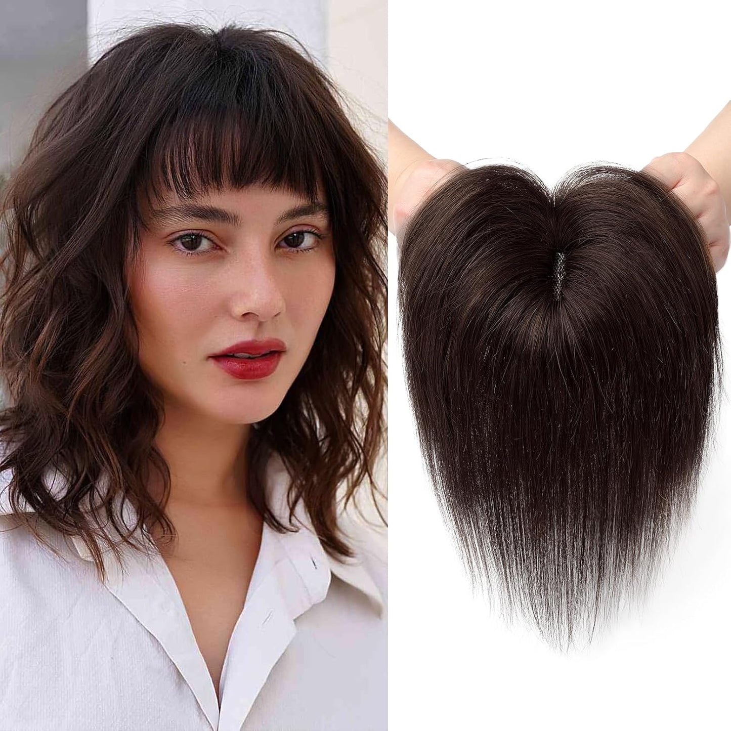 Human Hair Toppers, 6 Inch Hair Toppers for Thin Hair, Topper Hair Pieces with Bangs Real Human Hair, Clip In Wig Hair Topper Top Hair Extensions - Grey miracleimy