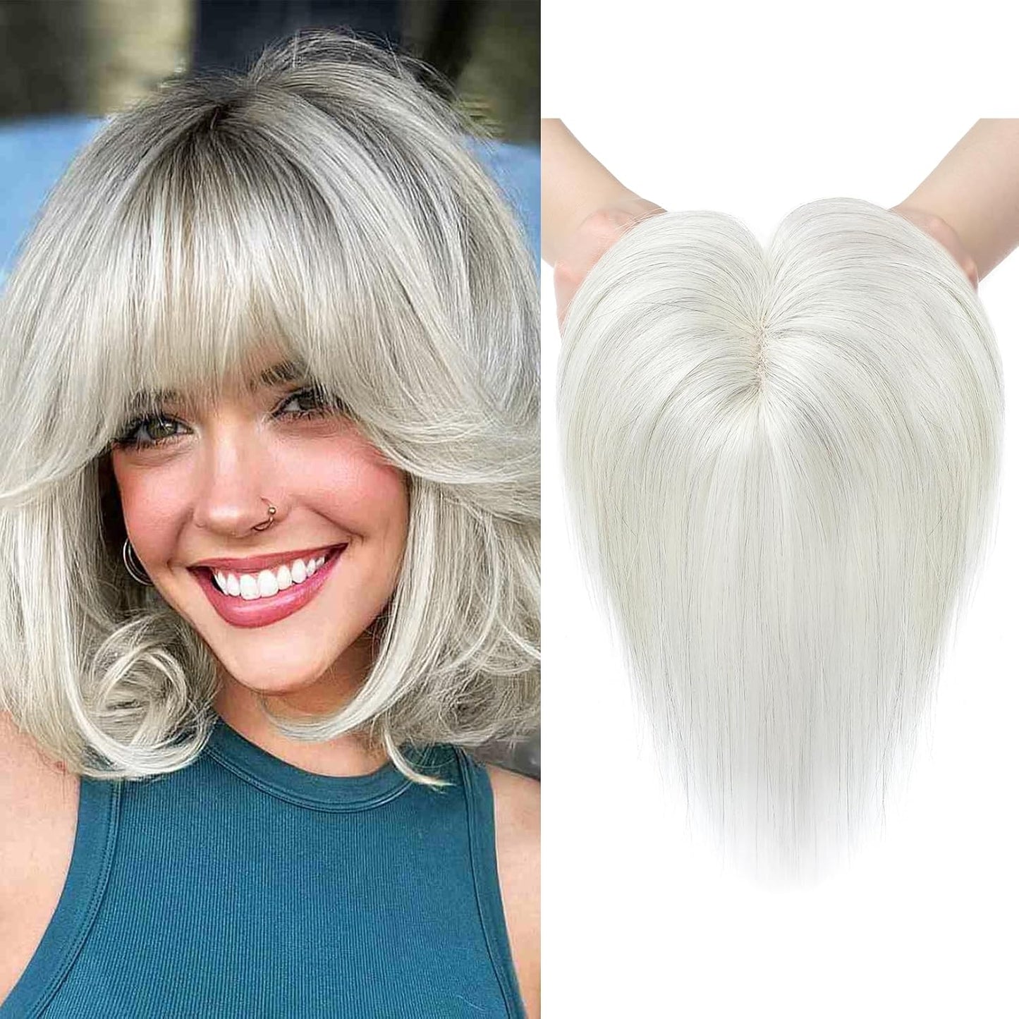 Human Hair Toppers, 6 Inch Hair Toppers for Thin Hair, Topper Hair Pieces with Bangs Real Human Hair, Clip In Wig Hair Topper Top Hair Extensions - Grey miracleimy