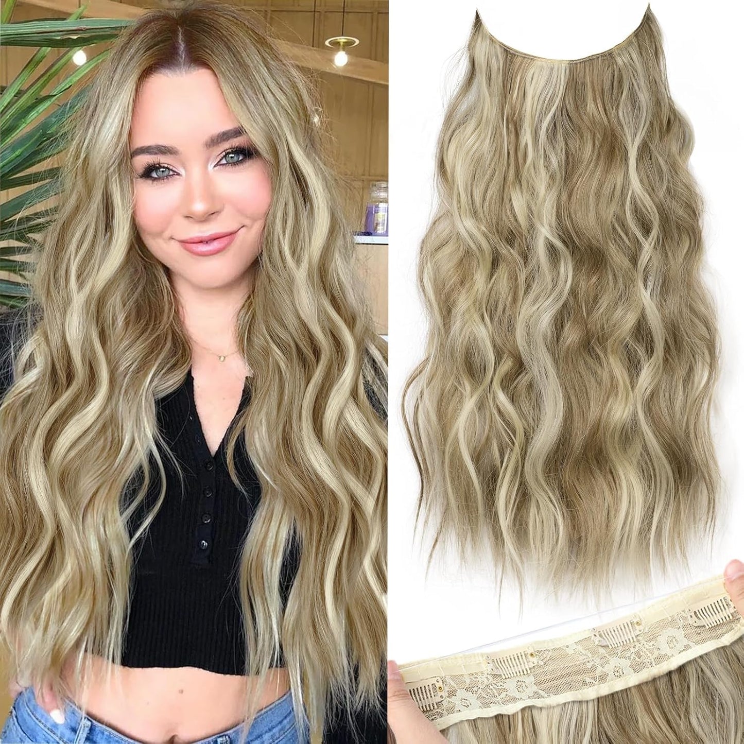 Invisible Wire Hair Extensions with Transparent Wire Adjustable Size 4 Secure Clips Long Wavy Secret Hairpiece 20 Inch Dark Brown for Women miracleimy