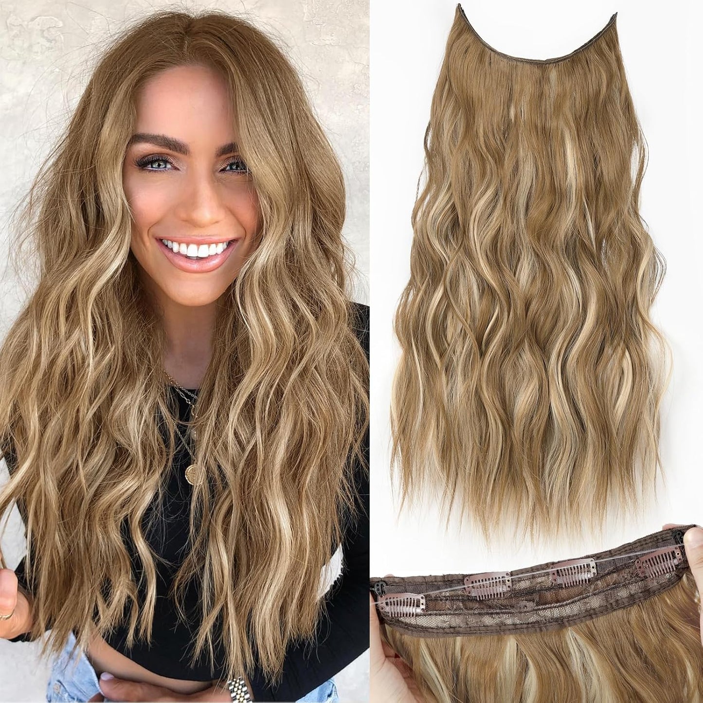 Invisible Wire Hair Extensions with Transparent Wire Adjustable Size 4 Secure Clips Long Wavy Secret Hairpiece 20 Inch Dark Brown for Women miracleimy