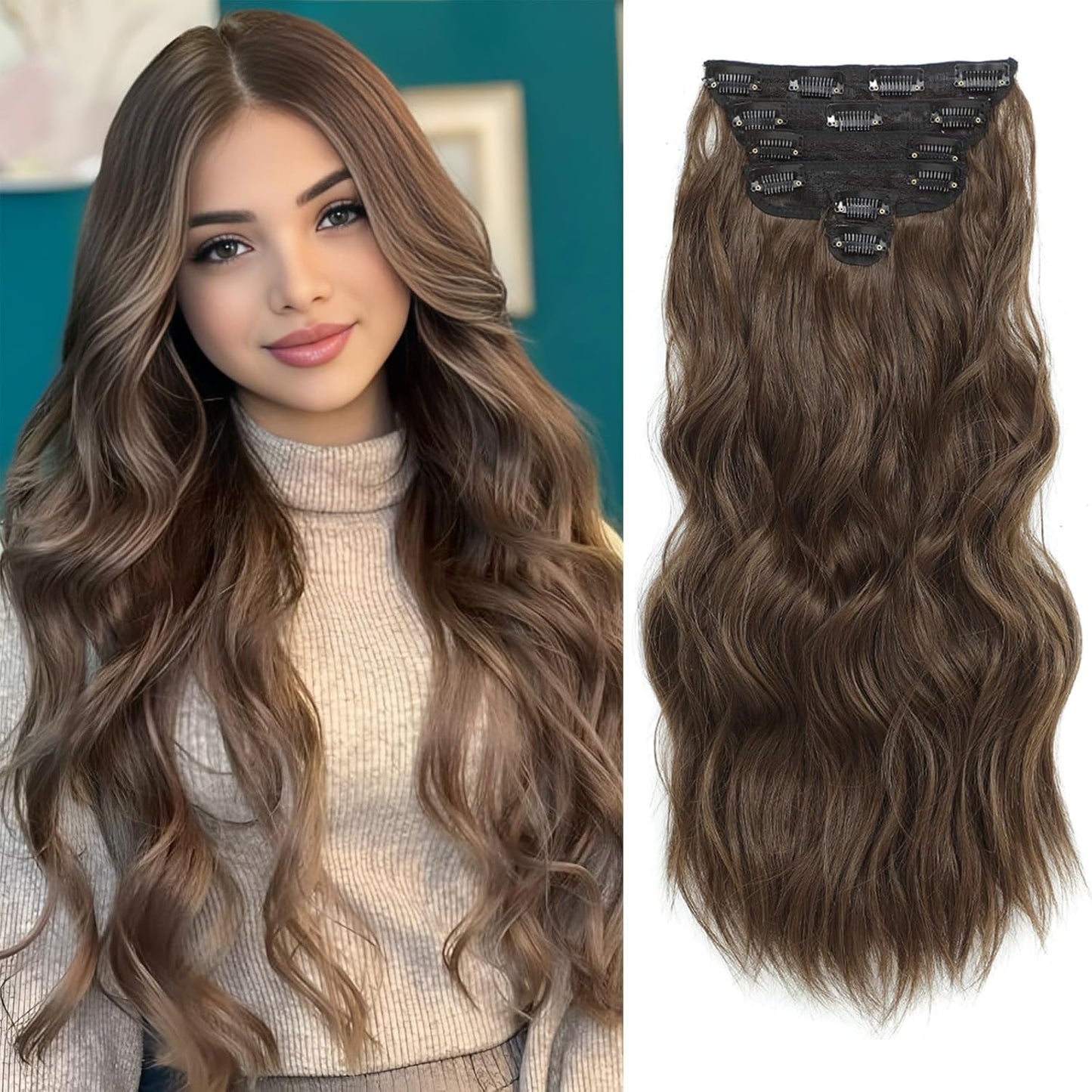 Clip in Hair Extensions for Women, 6PCS Long Wavy Curly Clip on Hair Extensions 20 Inch Honey Blonde Mixed Light Brown Synthetic Thick Hairpieces miracleimy