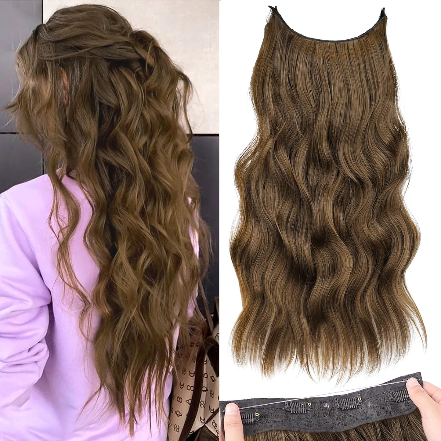 Invisible Wire Hair Extensions with Transparent Wire Adjustable Size 4 Secure Clips Long Wavy Secret Hairpiece 20 Inch Dark Brown for Women miracleimy